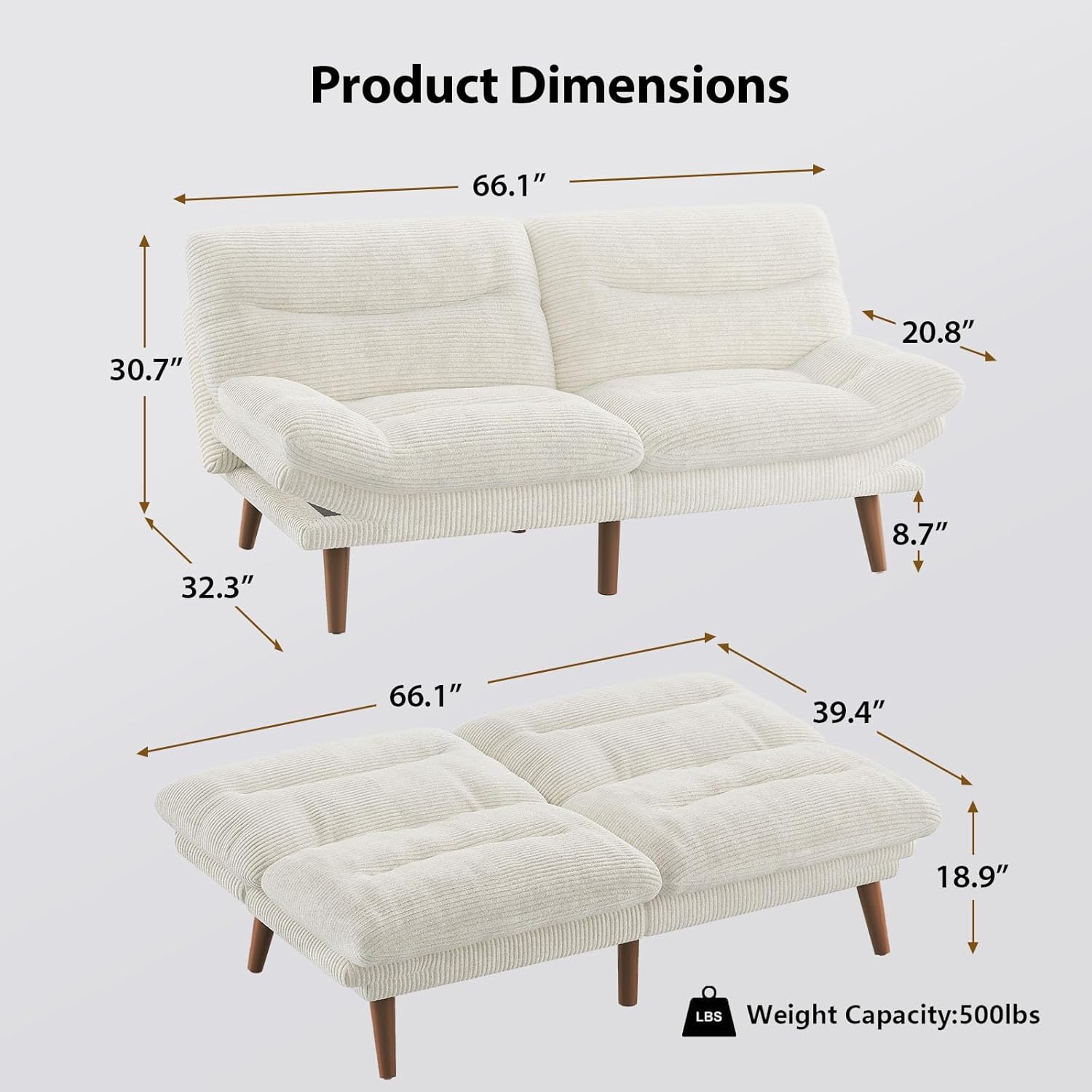 Pipishell Convertible Futon Sofa Bed,66" Corduroy Futon Couch with Adjustable Backrest and Armrests, Recliner Sleeper Sofa for Small Spaces, Play Room or Office, Grey