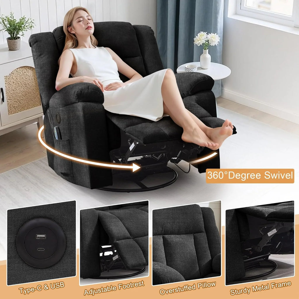 Rocker Recliner, Glider Recliner Chairs for Adults, 360° Swivel Rocking Chair with Massage and Heating, Nursery Chair