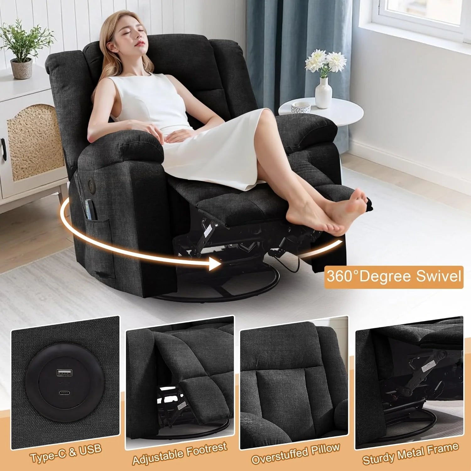 Rocker Recliner, Glider Recliner Chairs for Adults, 360° Swivel Rocking Chair with Massage and Heating, Nursery Chair