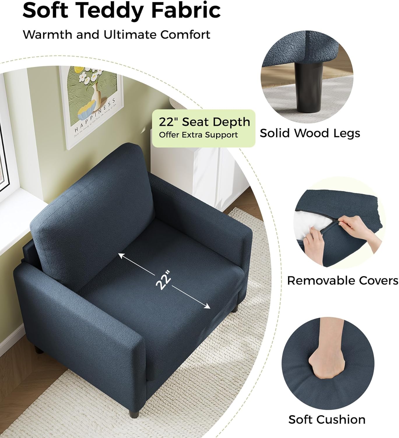 Loveseat Sofa 51" Love Seat Comfy Corduroy Small Loveseat Tool-Free Setup Couch