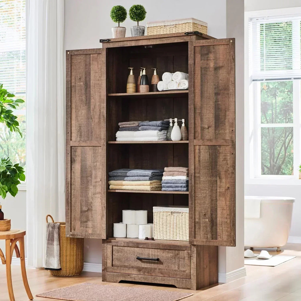 JXQTLINGMU Farmhouse Kitchen Pantry 72" Tall Wood Kitchen Storage Cabinet Adjustable Shelves