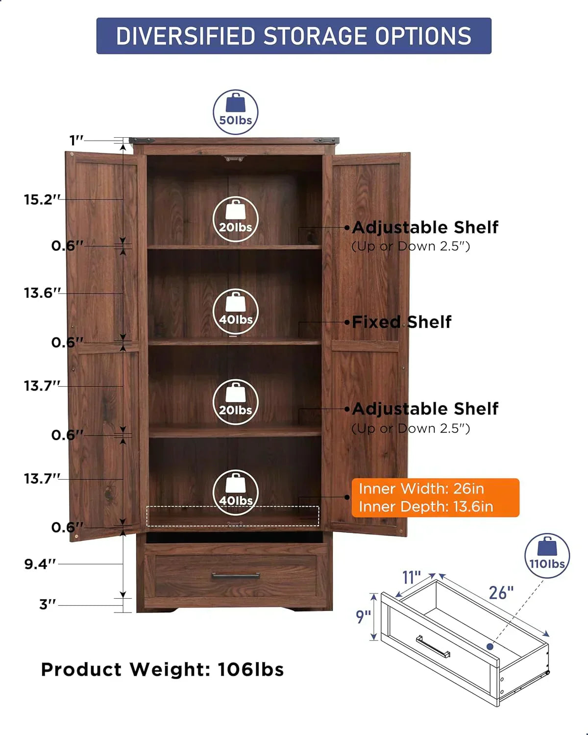 JXQTLINGMU Farmhouse Kitchen Pantry 72" Tall Wood Kitchen Storage Cabinet Adjustable Shelves