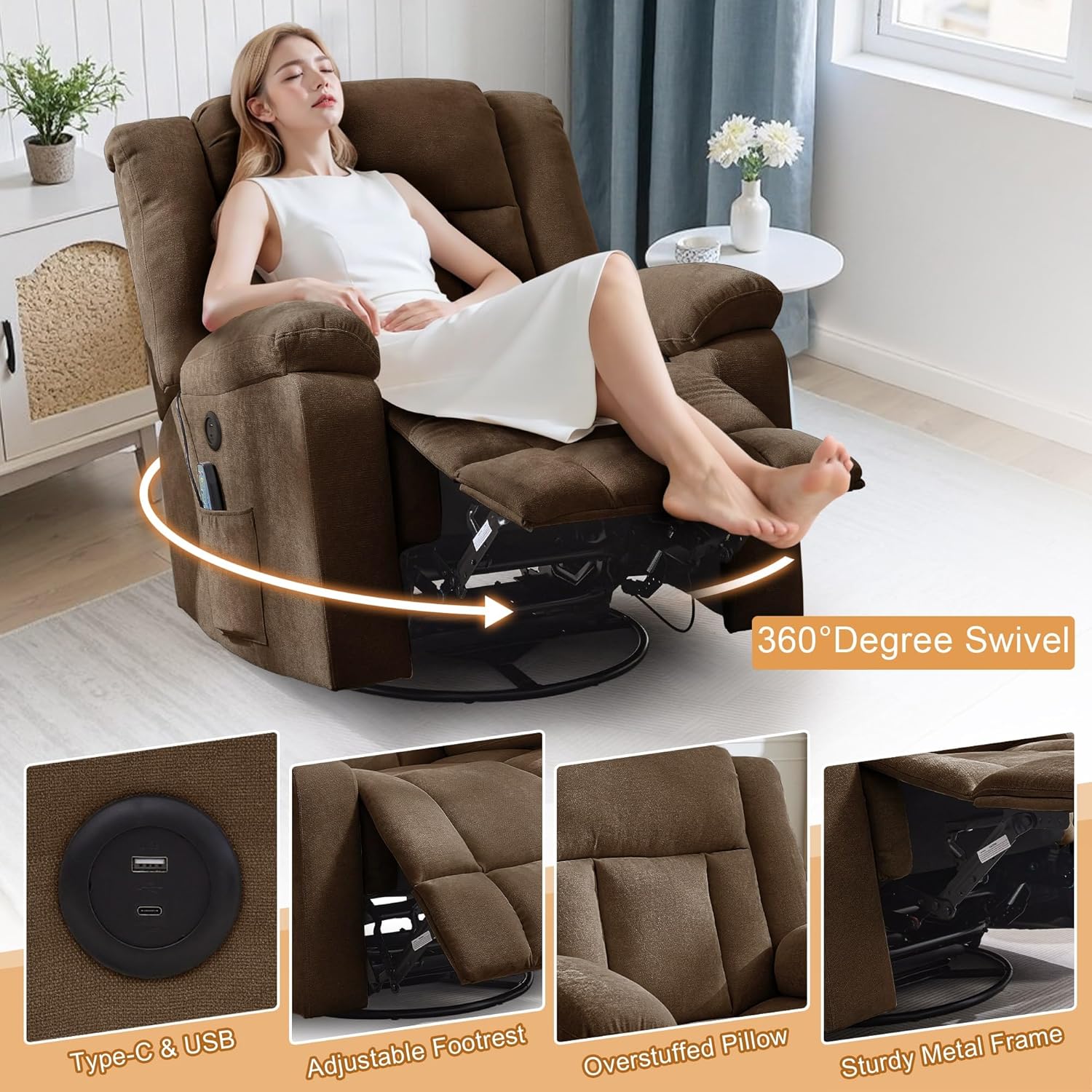 Rocker Recliner, Glider Recliner Chairs for Adults, 360° Swivel Rocking Chair with Massage and Heating, Nursery Chair