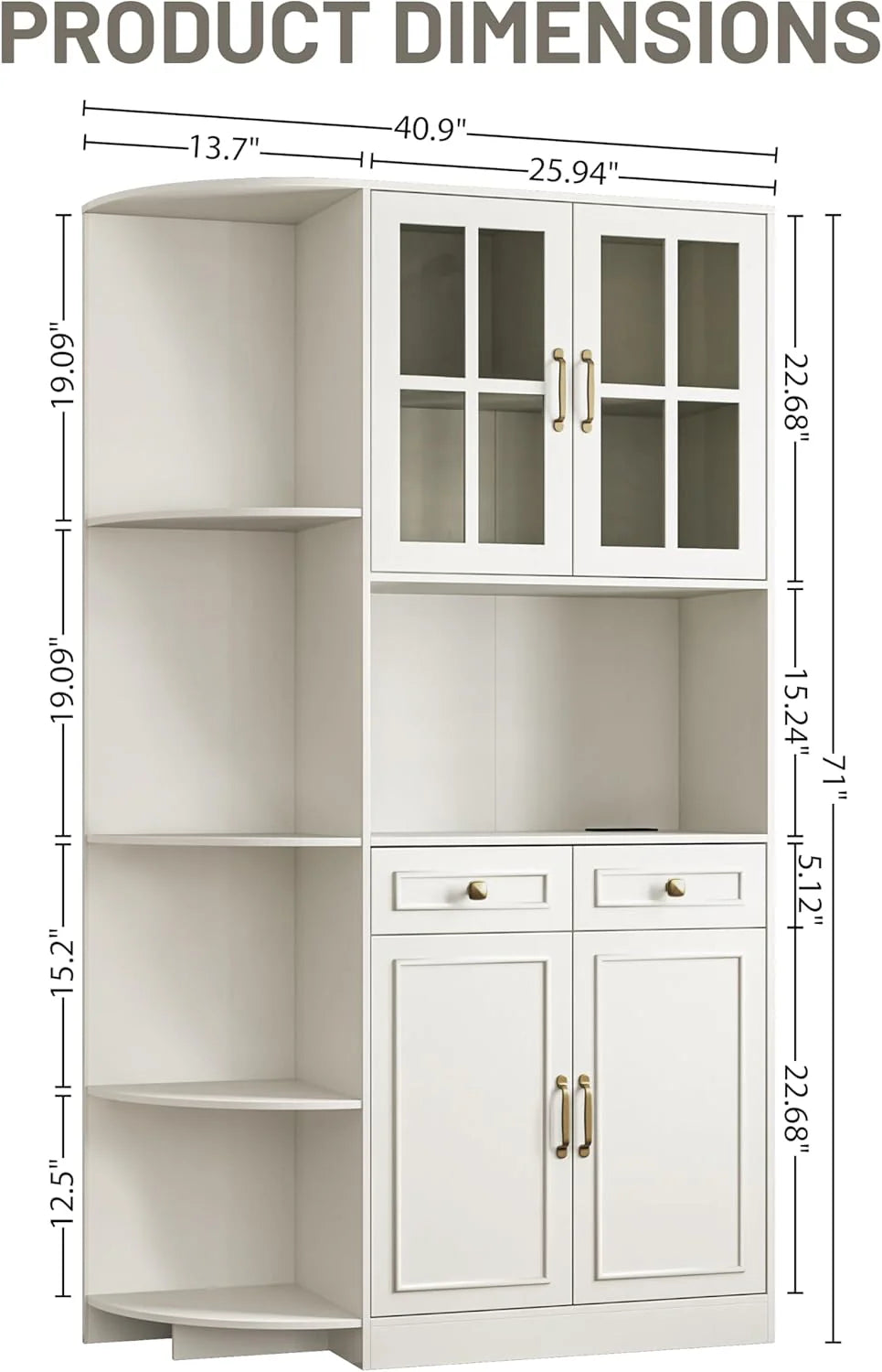 Kitchen Hutch Pantry Cabinet 71" Tall with Glass Doors