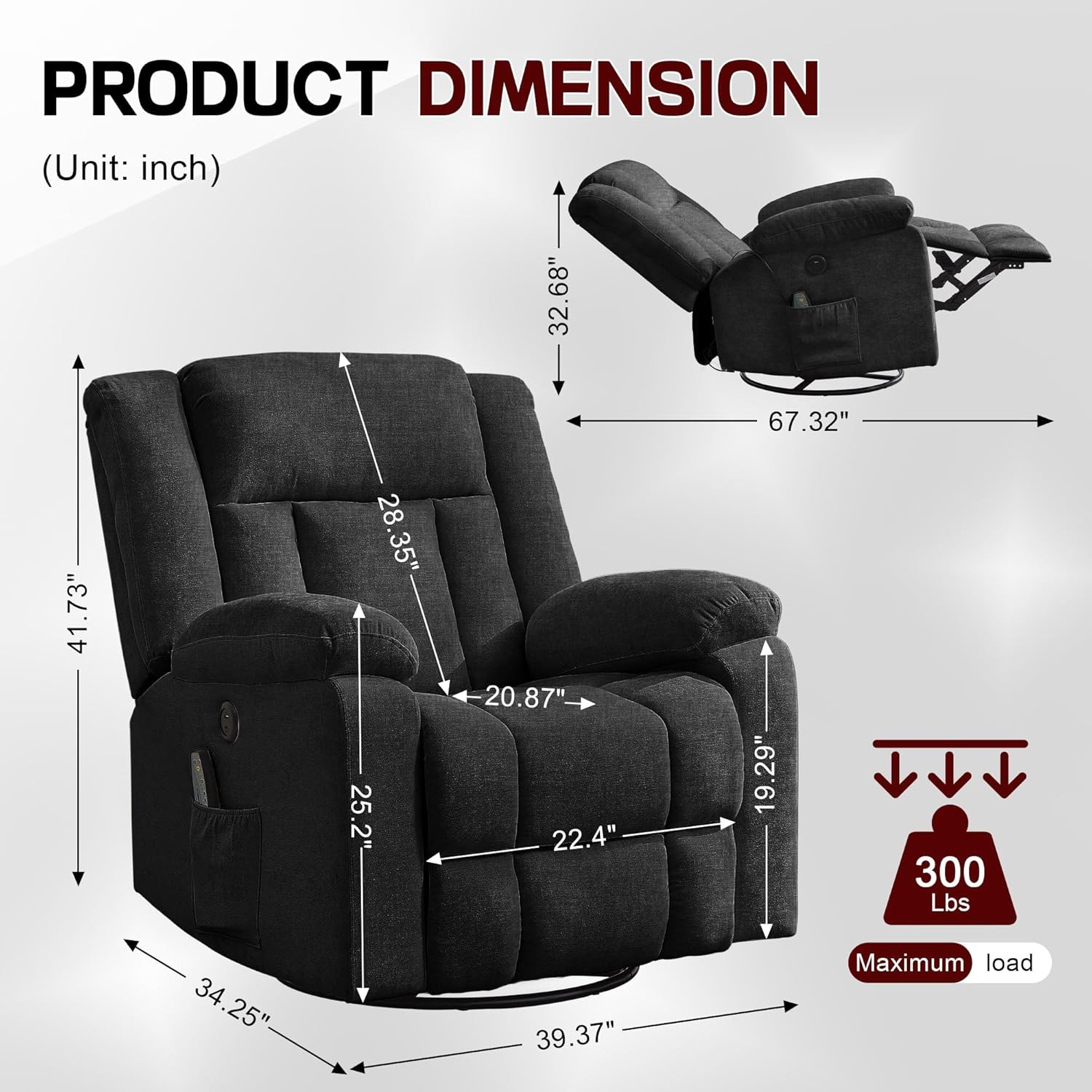 Rocker Recliner, Glider Recliner Chairs for Adults, 360° Swivel Rocking Chair with Massage and Heating, Nursery Chair