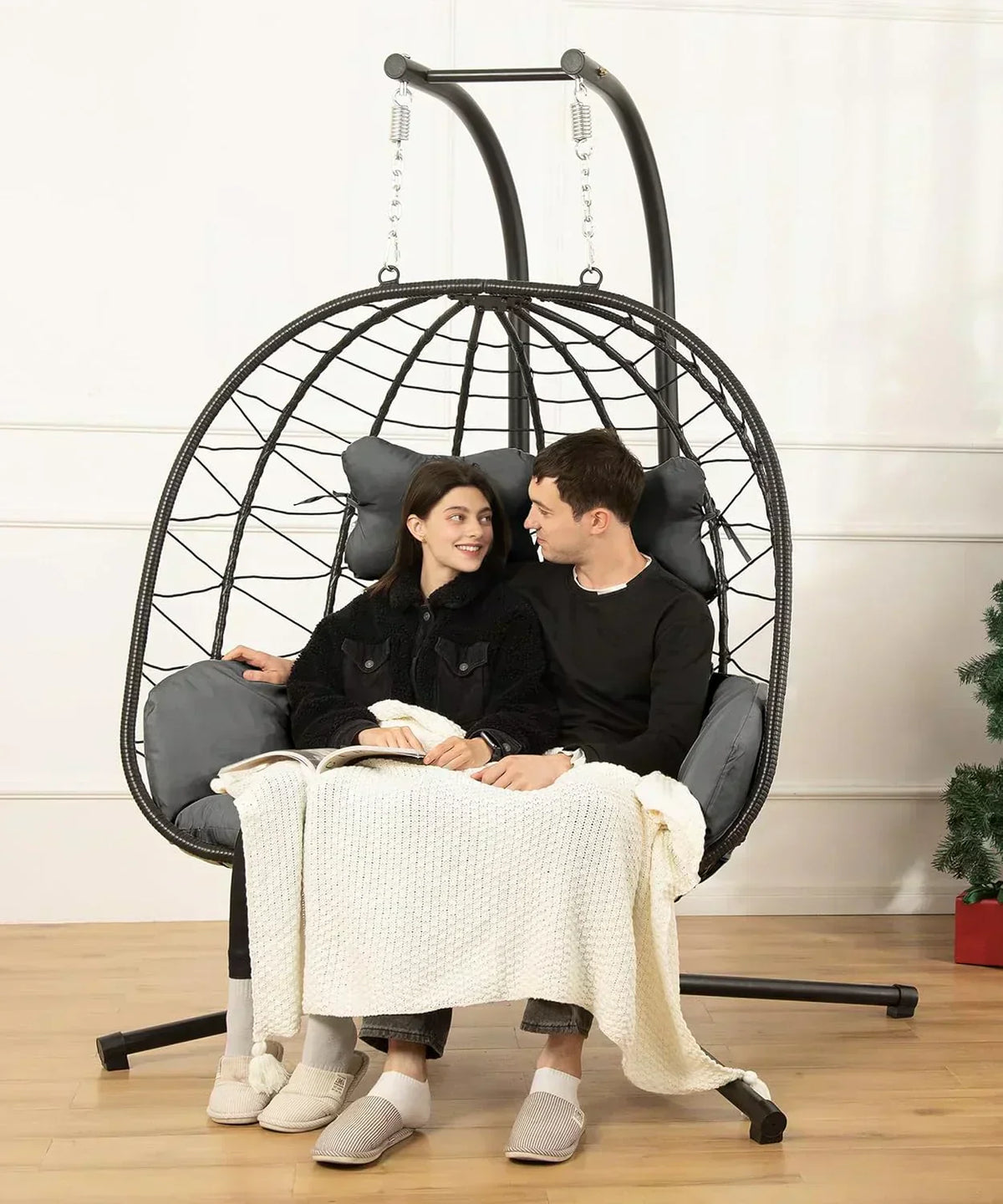 Double Egg Chair wth Stand Hammock Swing Chair Foldable Hanging Loveseat UV Resistant