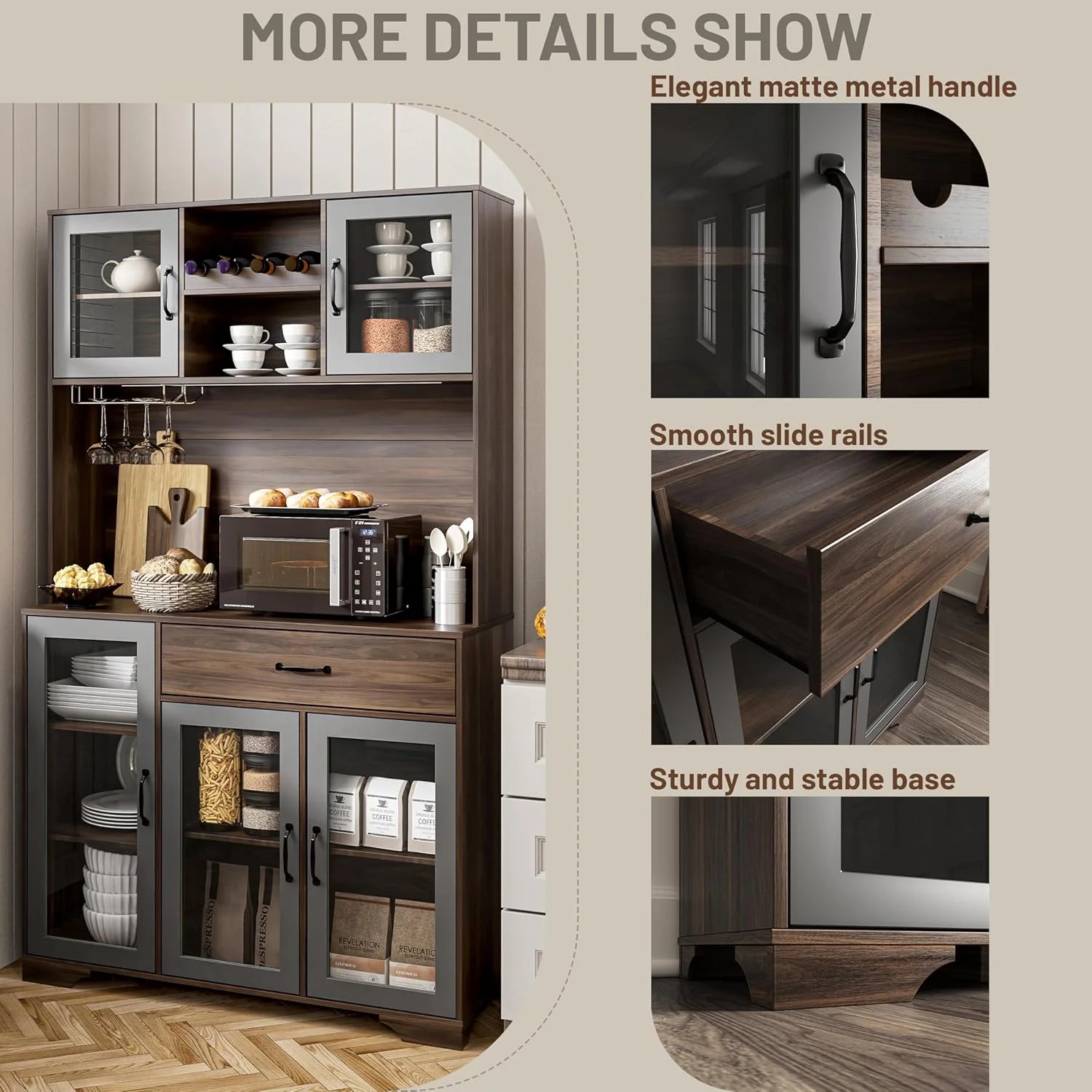 Kitchen Hutch Pantry Cabinet 71" Tall with Glass Doors