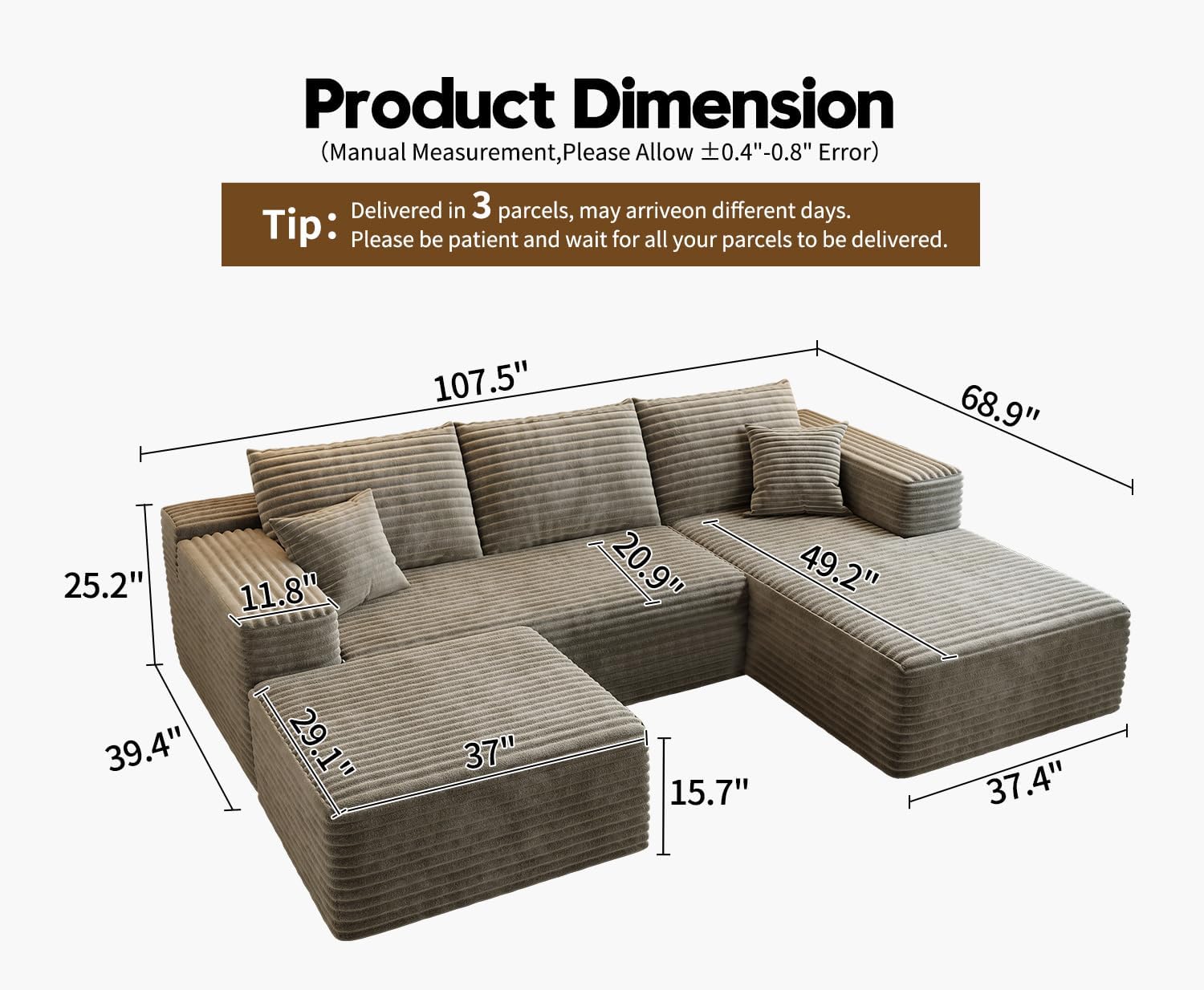 107.5" Cloud Modular Sectional Sofa Couch with L-Shape Chaise,Modern Minimalist Upholstered Couches