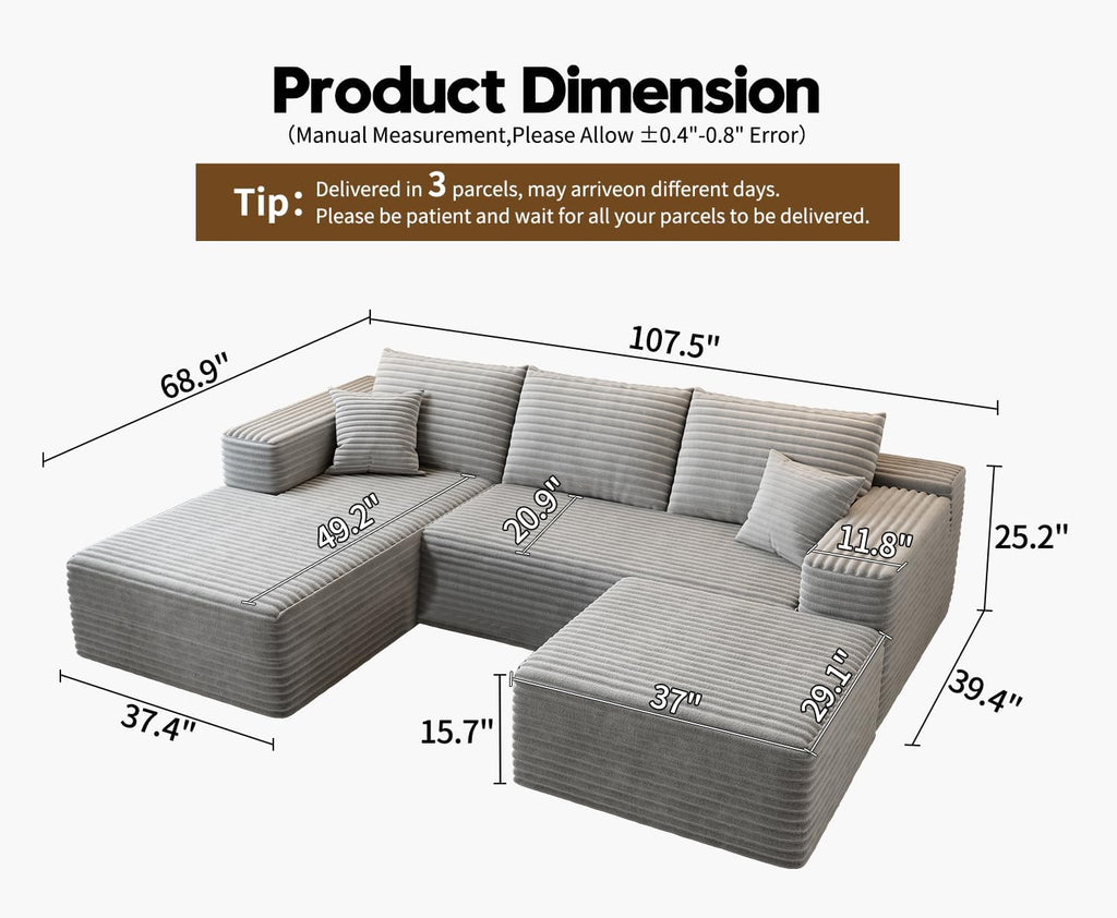 107.5" Cloud Modular Sectional Sofa Couch with L-Shape Chaise,Modern Minimalist Upholstered Couches