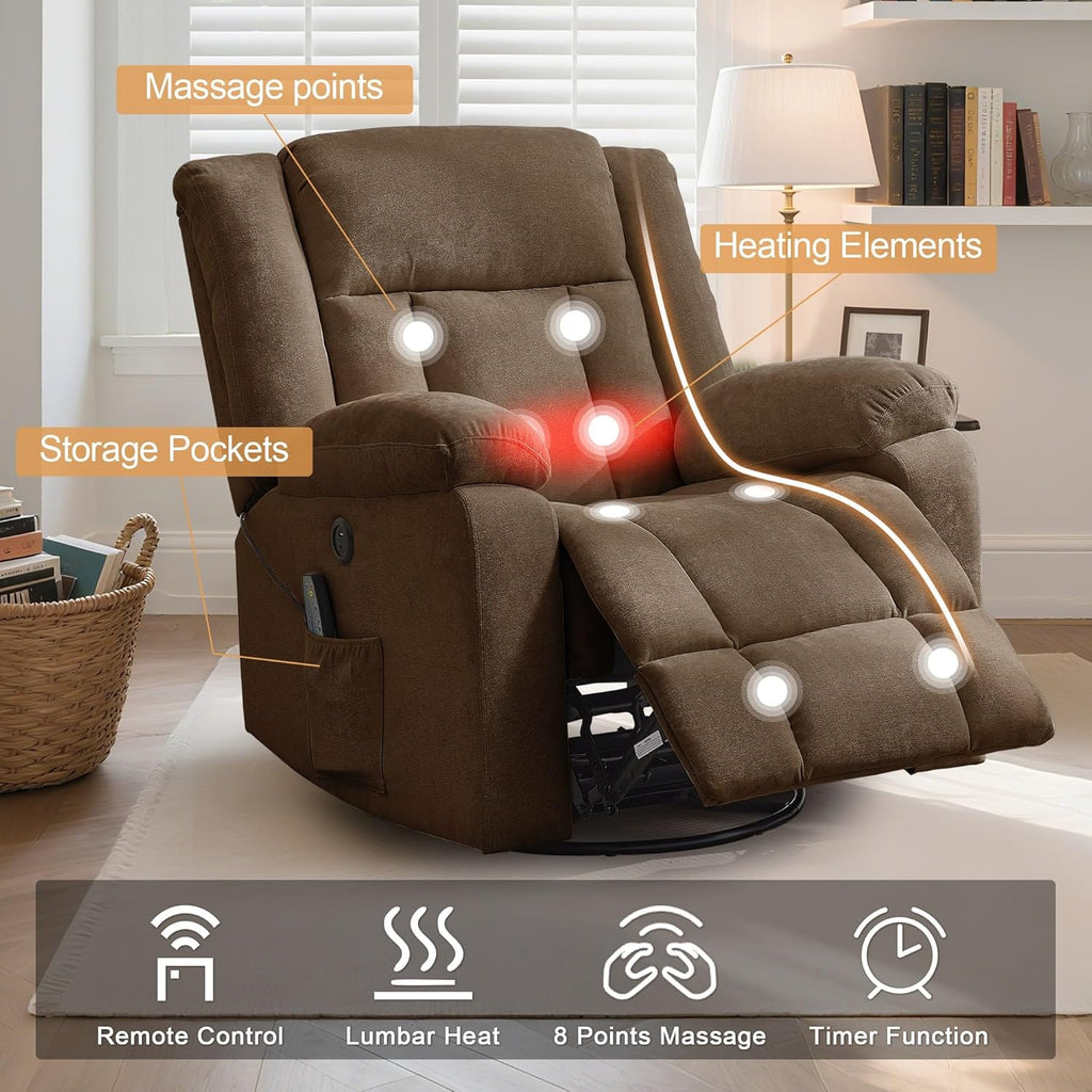 Rocker Recliner, Glider Recliner Chairs for Adults, 360° Swivel Rocking Chair with Massage and Heating, Nursery Chair