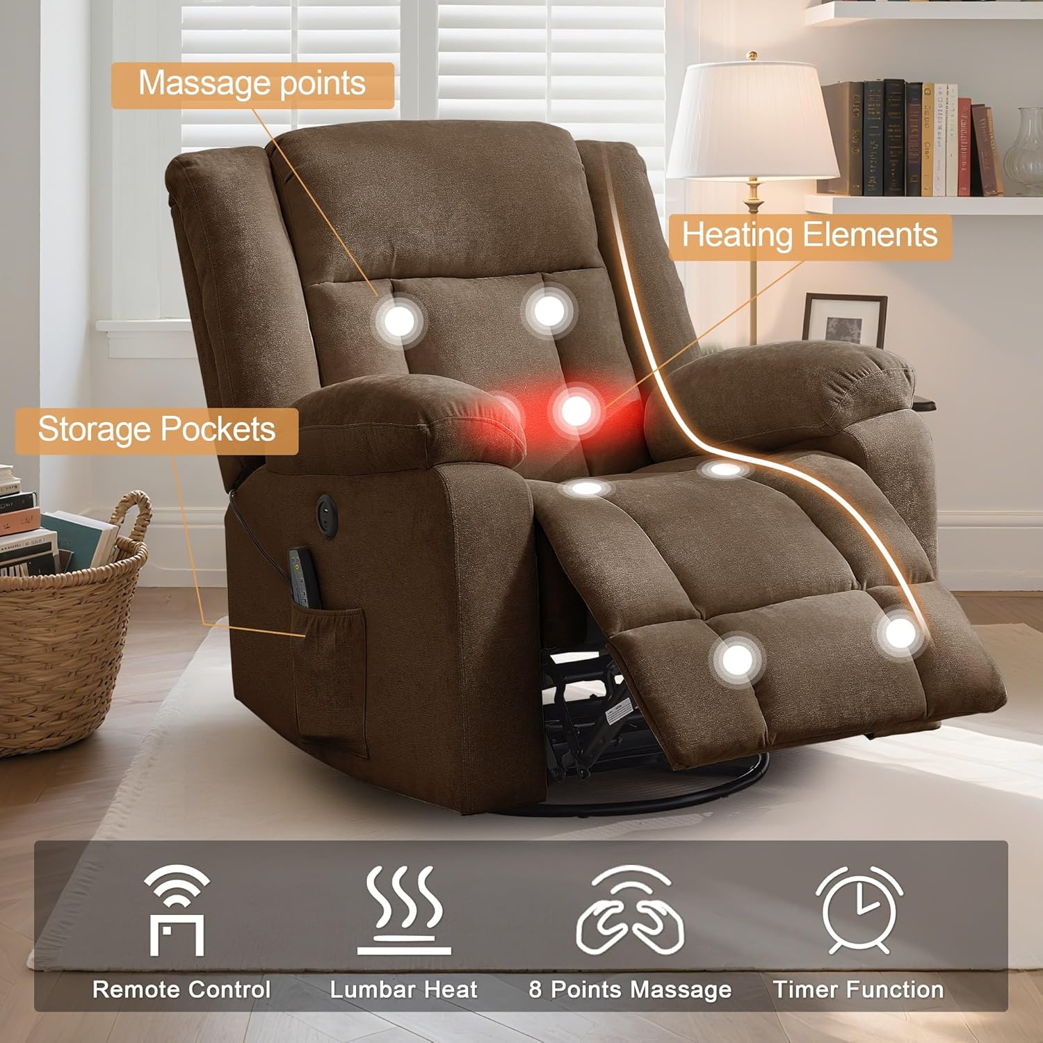 Rocker Recliner, Glider Recliner Chairs for Adults, 360° Swivel Rocking Chair with Massage and Heating, Nursery Chair