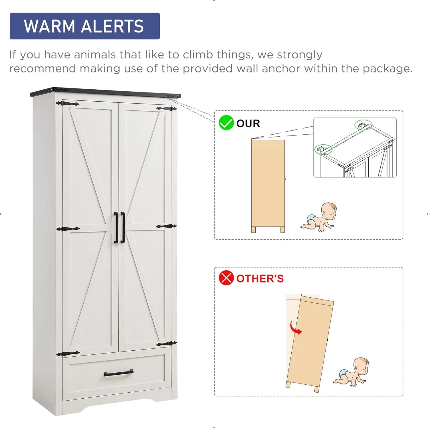 JXQTLINGMU Farmhouse Kitchen Pantry - 72" Tall Wood Kitchen Storage Cabinet with Adjustable Shelves and 2 Barn-Style Doors and Drawers