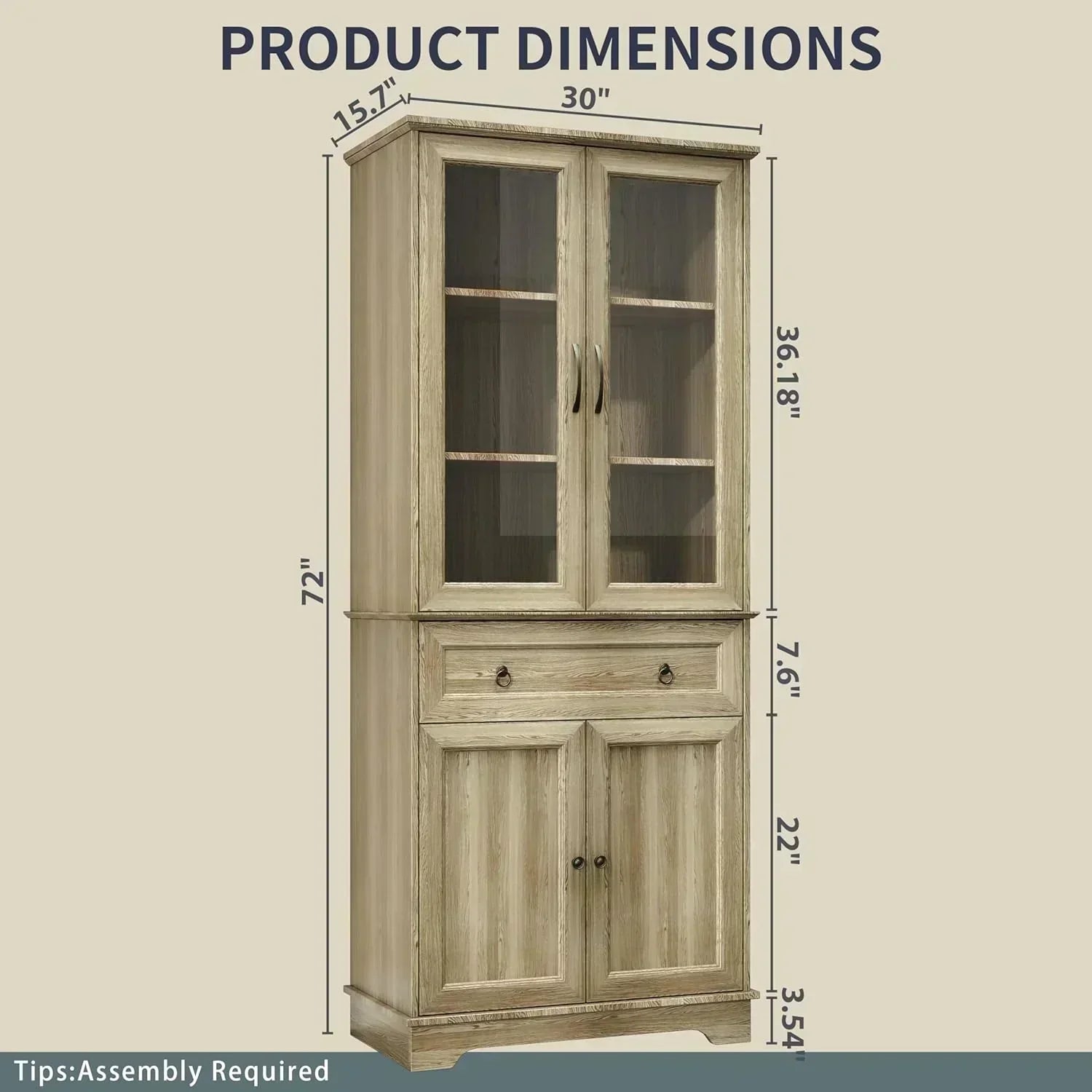 Kitchen Hutch Pantry Cabinet 71" Tall with Glass Doors