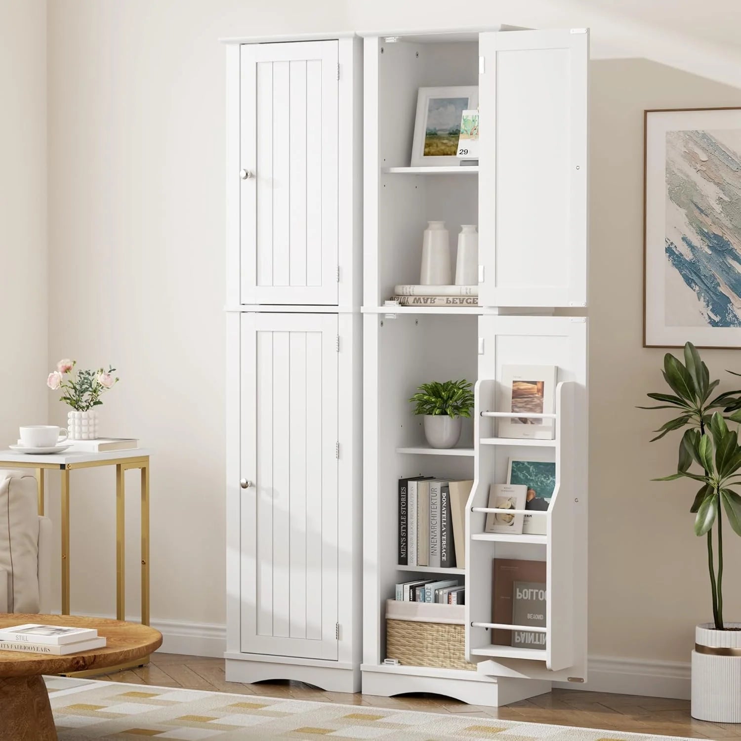 Tall Pantry Cabinet, Freestanding Storage Cabinet, Wooden Kitchen Pantry with 4 Doors and 5 Shelves, 72" Floor Cabinet Organizer
