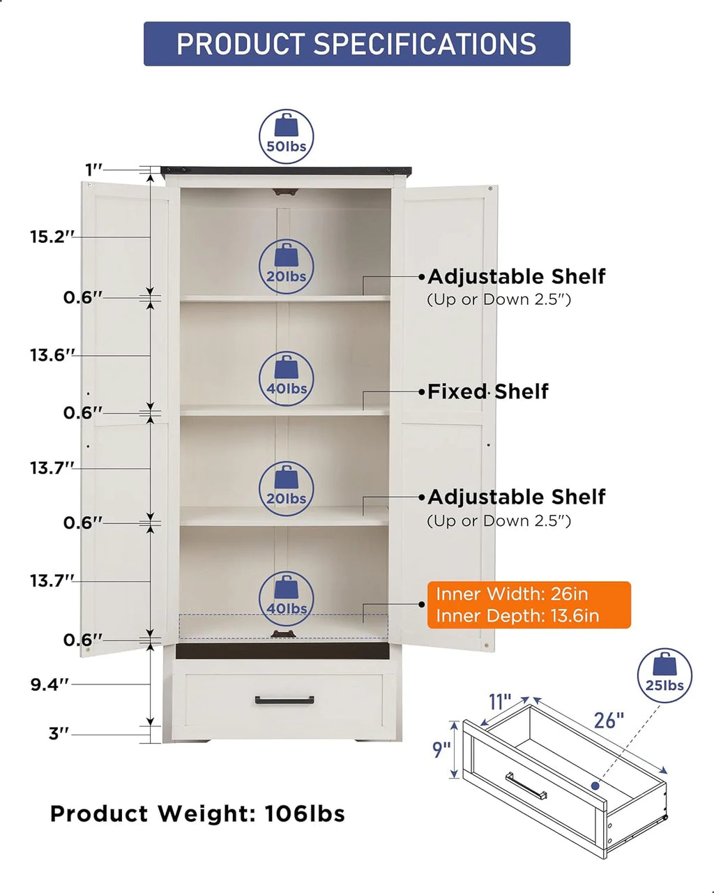 JXQTLINGMU Farmhouse Kitchen Pantry - 72" Tall Wood Kitchen Storage Cabinet with Adjustable Shelves and 2 Barn-Style Doors and Drawers