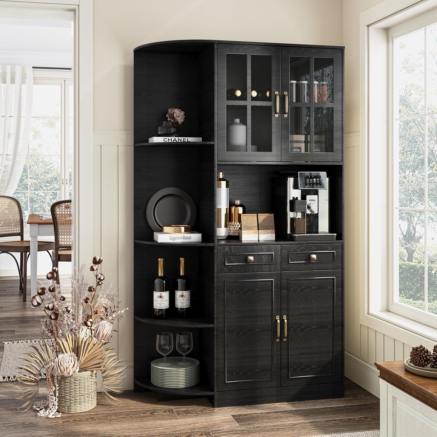 Kitchen Hutch Pantry Cabinet 71" Tall with Glass Doors