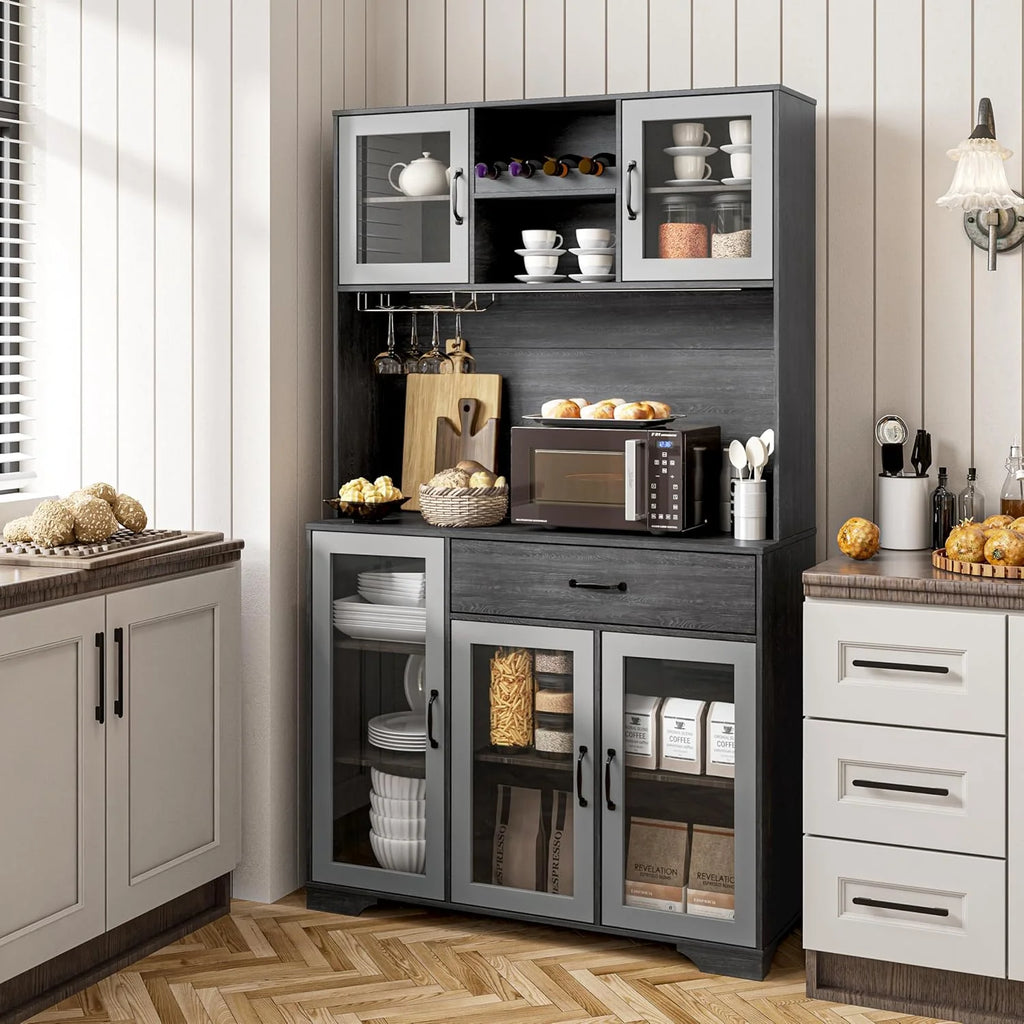 Kitchen Hutch Pantry Cabinet 71" Tall with Glass Doors