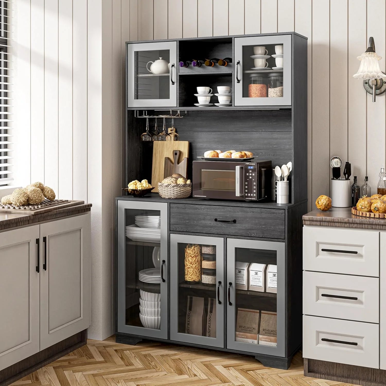 Kitchen Hutch Pantry Cabinet 71" Tall with Glass Doors