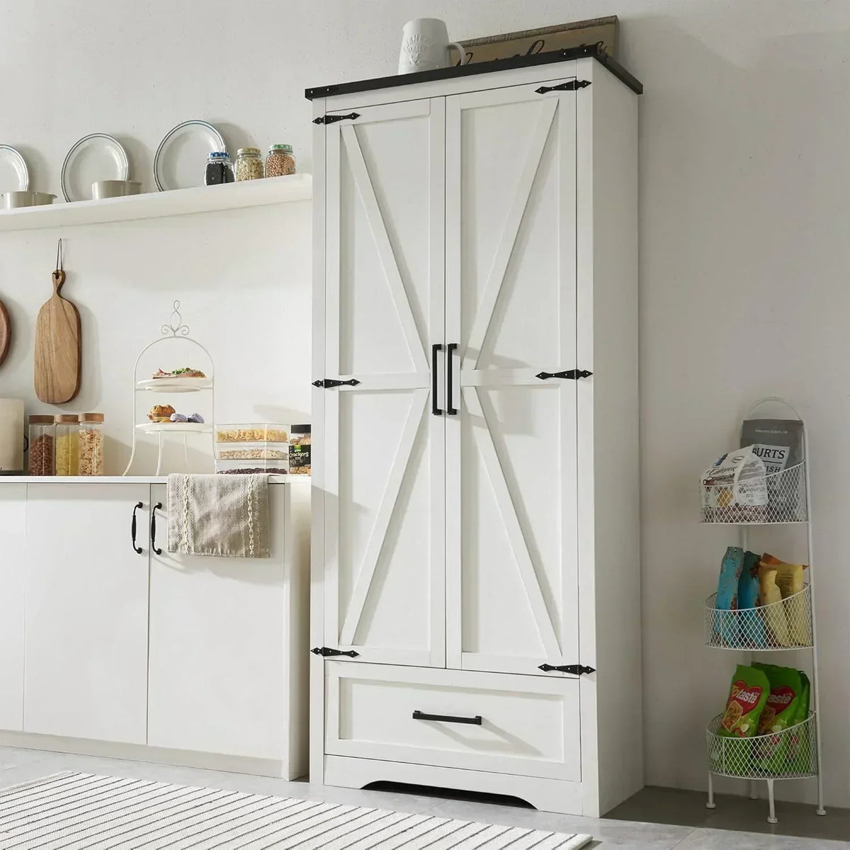 JXQTLINGMU Farmhouse Kitchen Pantry 72" Tall Wood Kitchen Storage Cabinet Adjustable Shelves