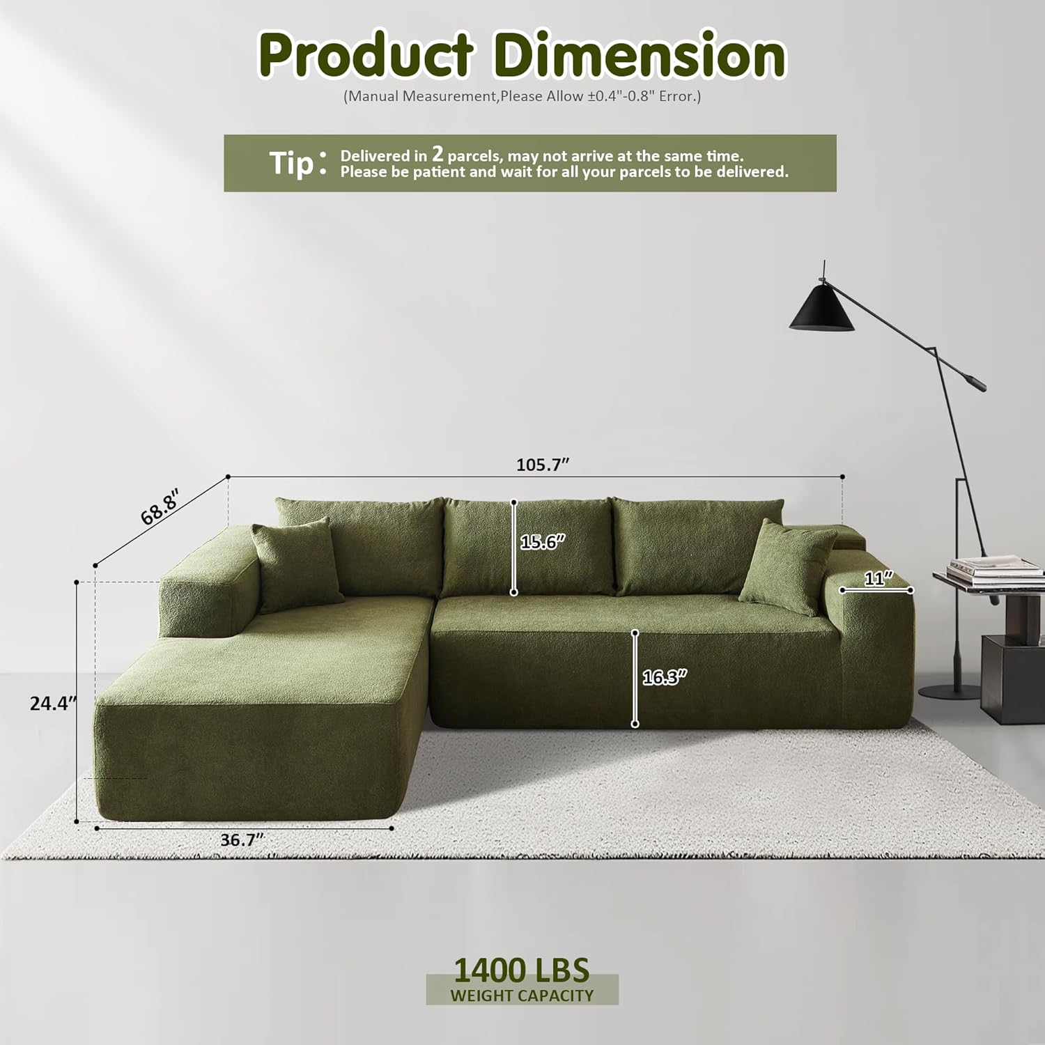 Ovios 104" Cloud Section Sofa L-shaped lounge chair, modern modular sofa
