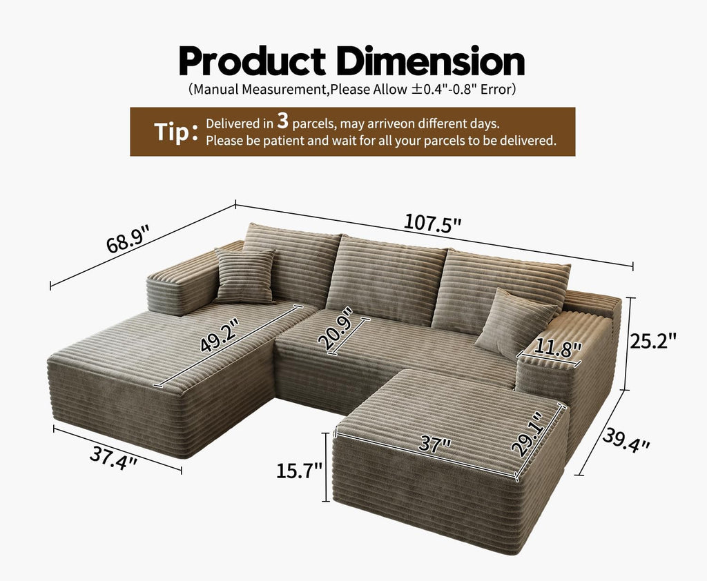 107.5" Cloud Modular Sectional Sofa Couch with L-Shape Chaise,Modern Minimalist Upholstered Couches
