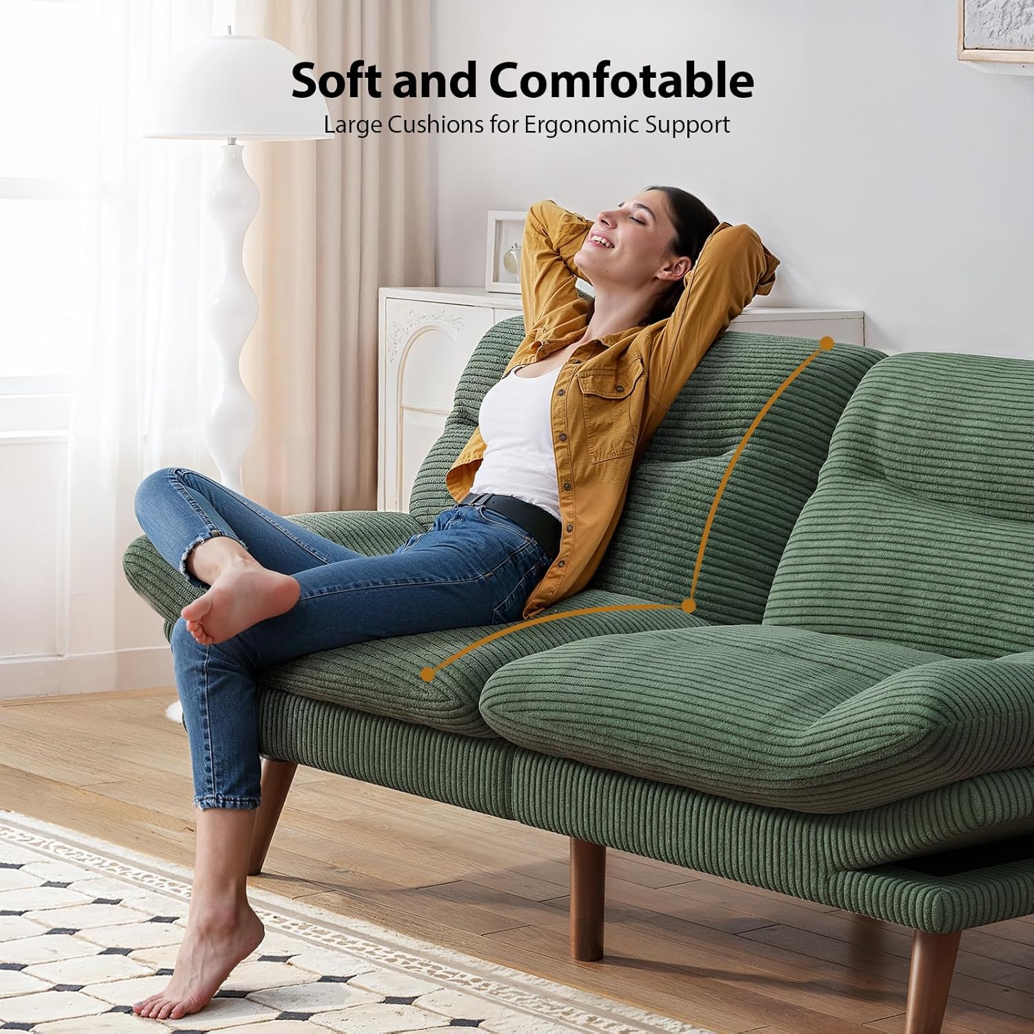Pipishell Convertible Futon Sofa Bed,66" Corduroy Futon Couch with Adjustable Backrest and Armrests, Recliner Sleeper Sofa for Small Spaces, Play Room or Office, Grey