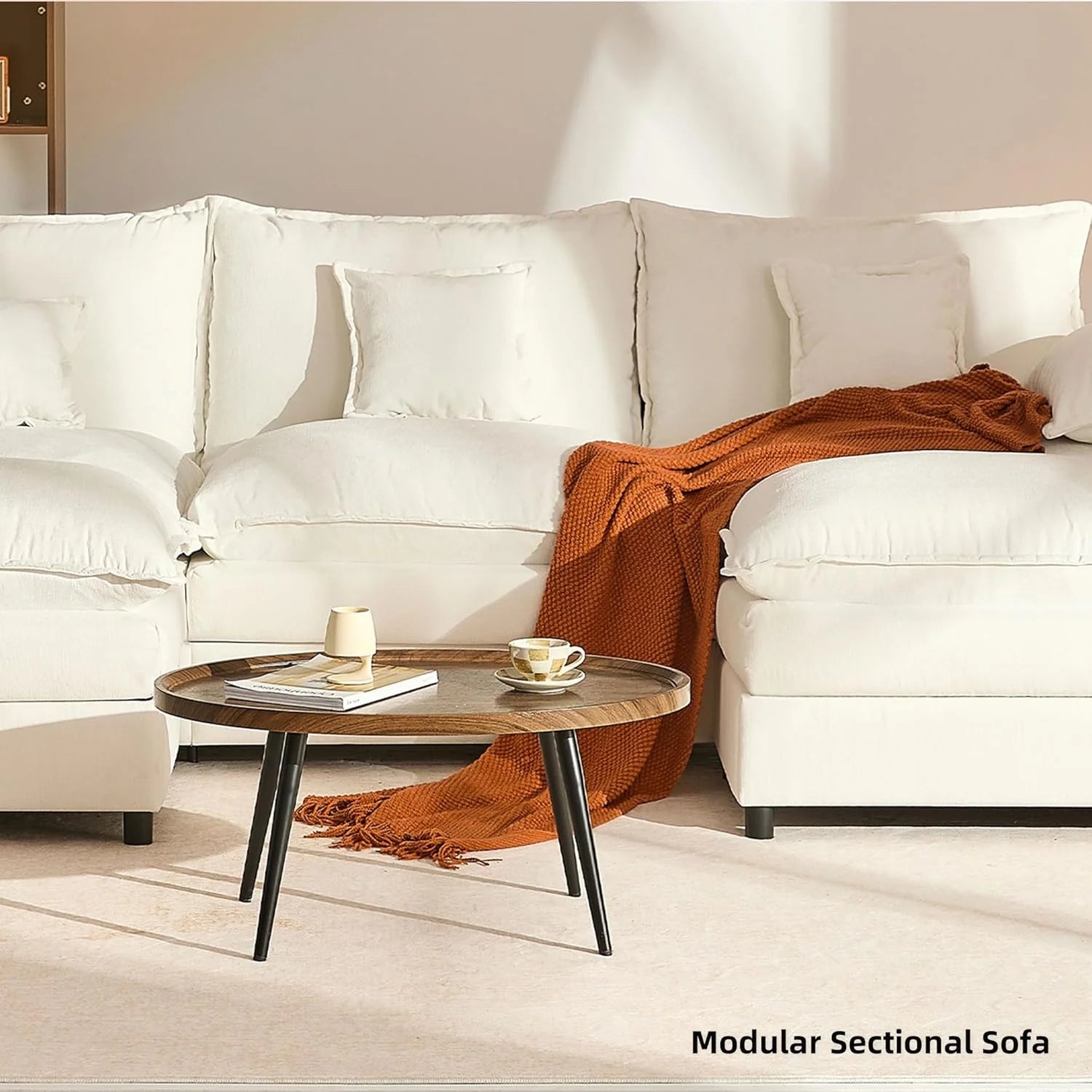 108" U Shaped Couch, Modular Sectional Sofa, 3-Seater Comfy Cloud Couch with Movable Ottoman, Deep Seat Couches for Living Room, Linen, Beige