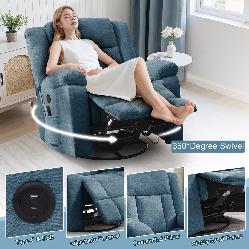 Rocker Recliner, Glider Recliner Chairs for Adults, 360° Swivel Rocking Chair with Massage and Heating, Nursery Chair