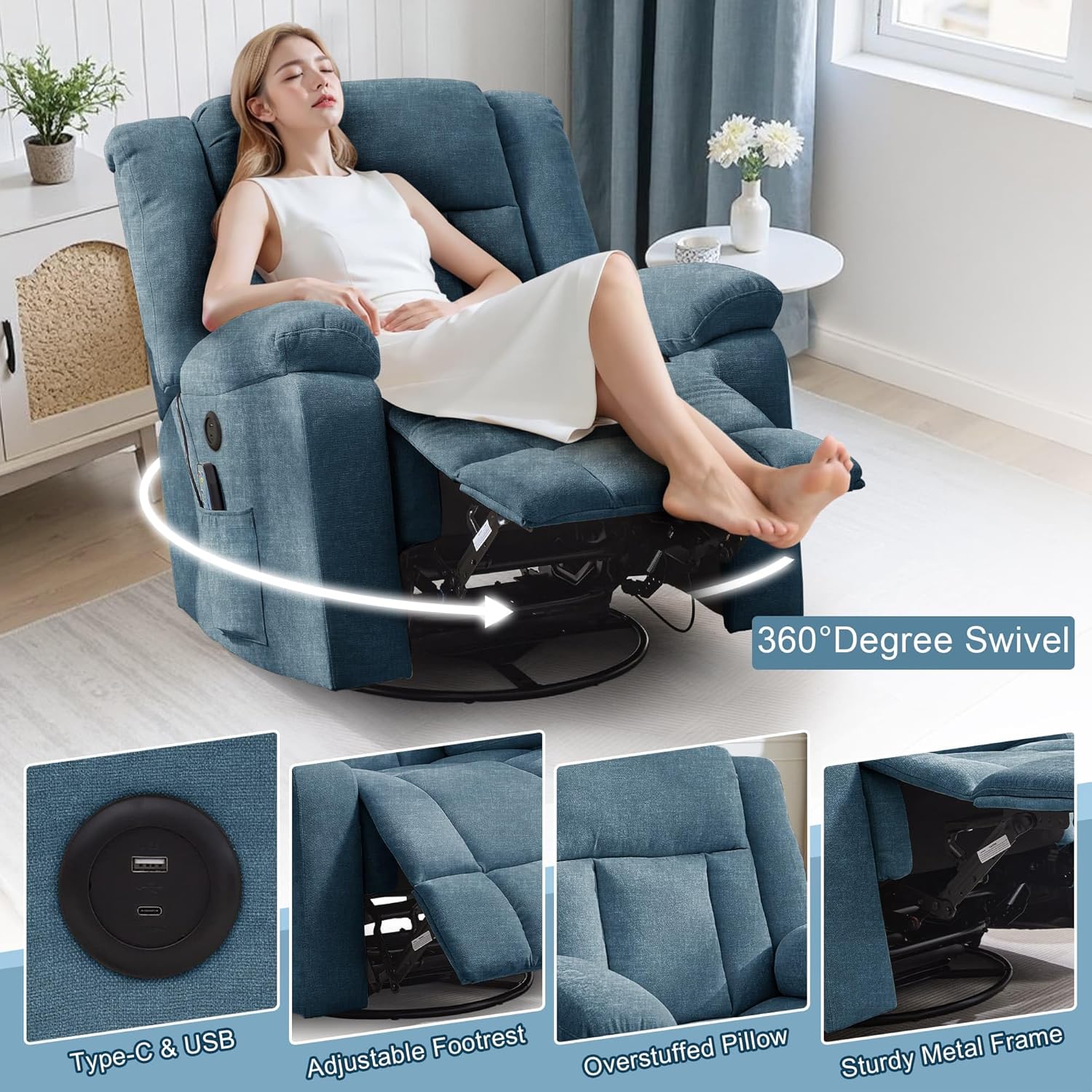 Rocker Recliner, Glider Recliner Chairs for Adults, 360° Swivel Rocking Chair with Massage and Heating, Nursery Chair