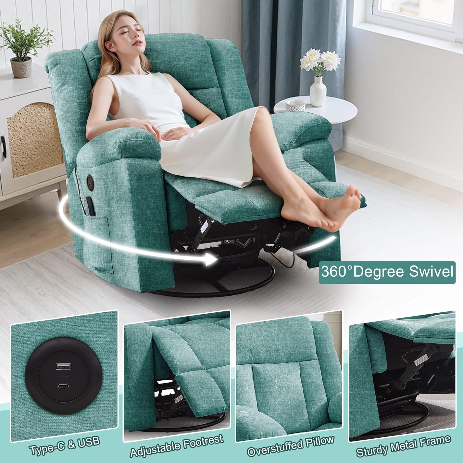 Rocker Recliner, Glider Recliner Chairs for Adults, 360° Swivel Rocking Chair with Massage and Heating, Nursery Chair