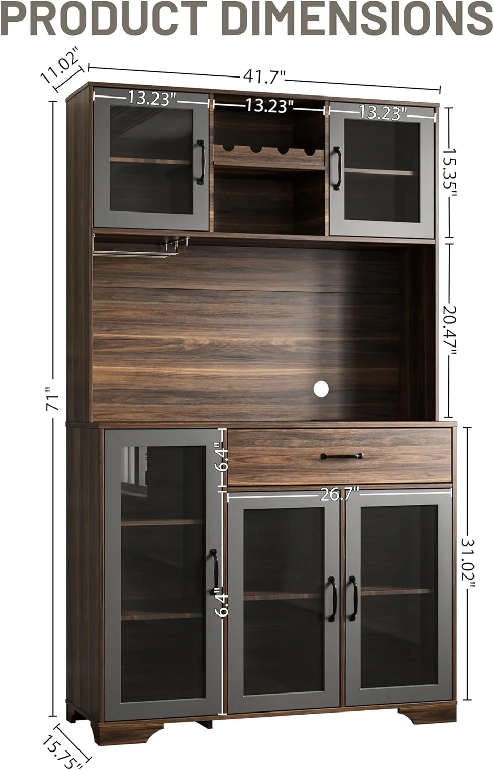Kitchen Hutch Pantry Cabinet 71" Tall with Glass Doors