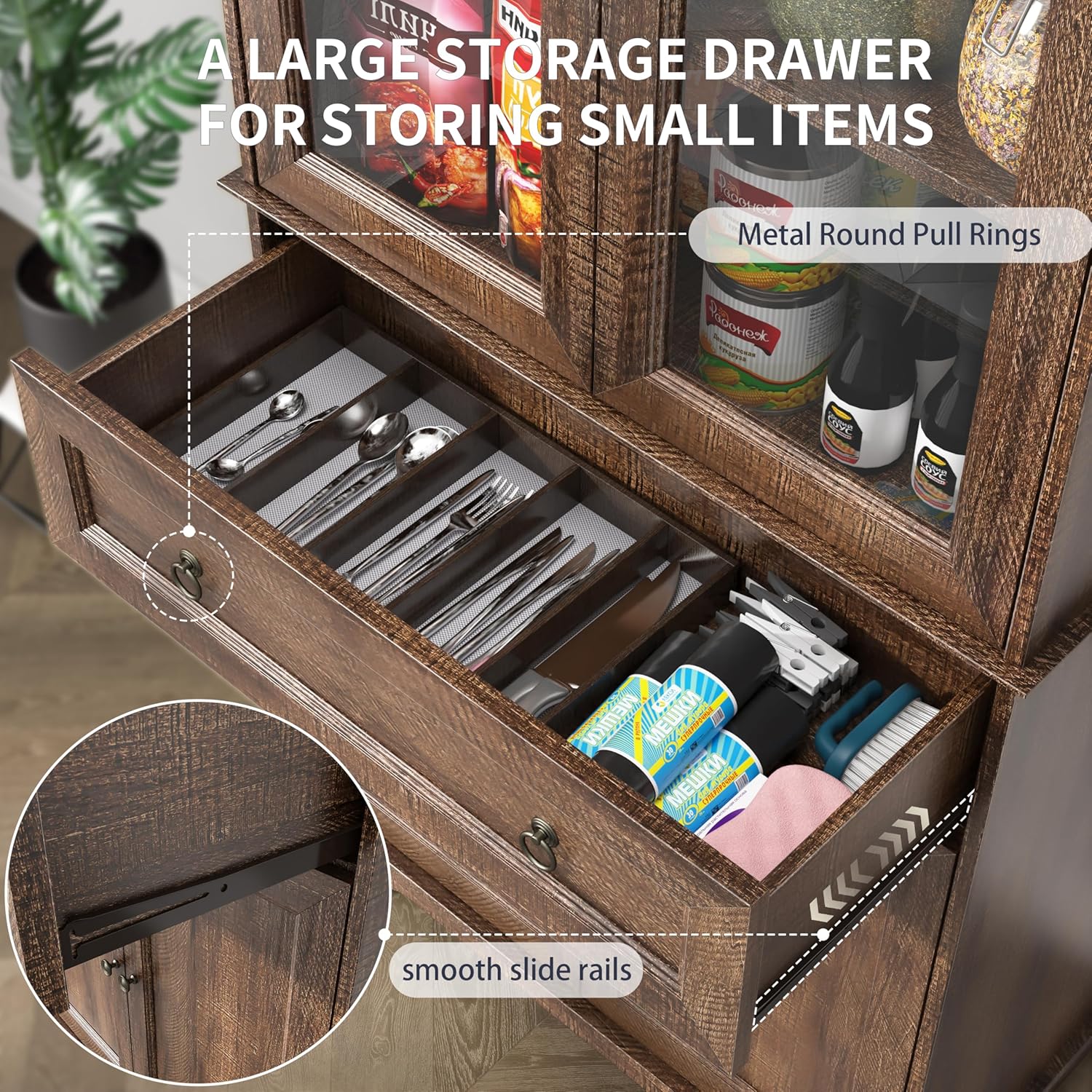 Kitchen Hutch Pantry Cabinet 71" Tall with Glass Doors