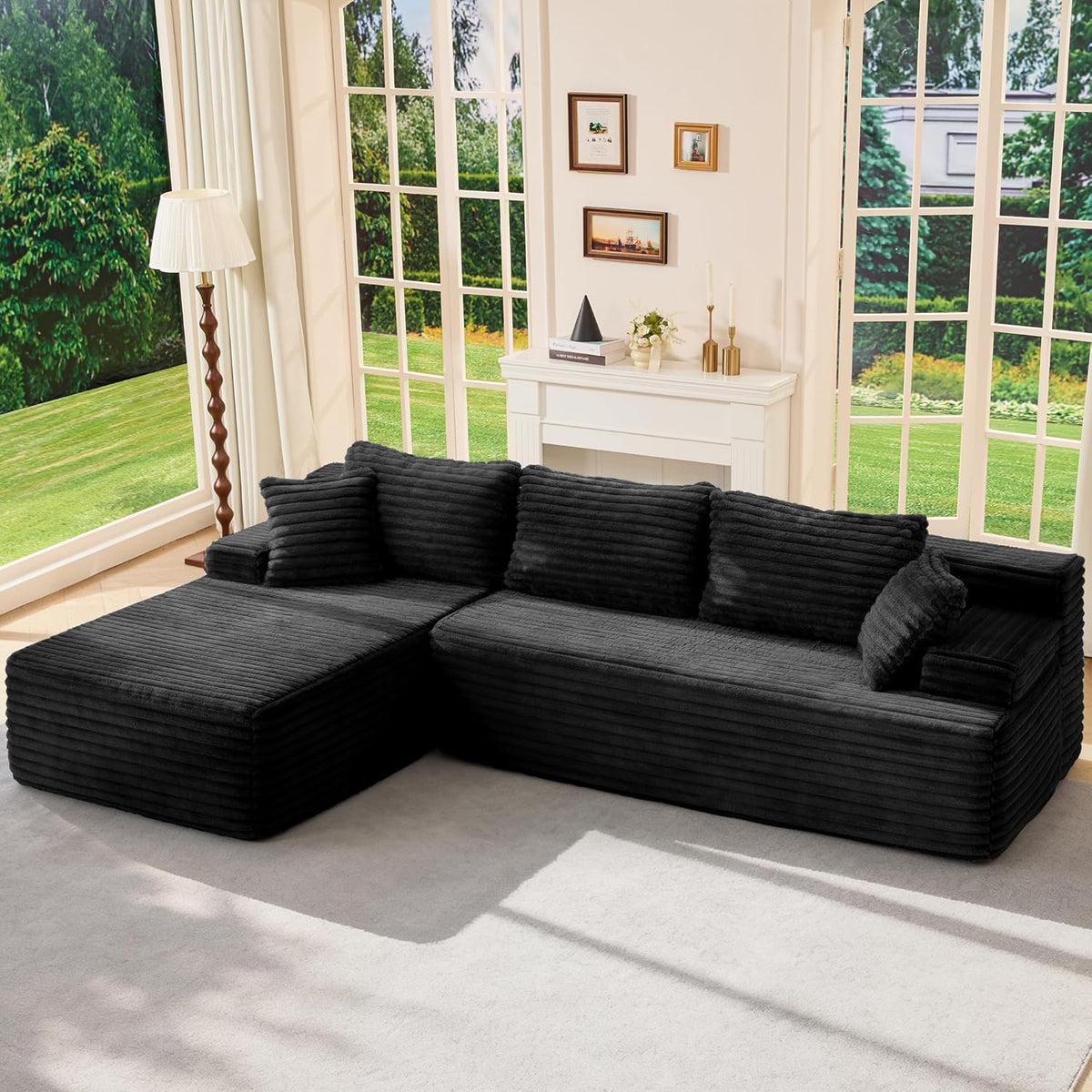 Modular Sectional Sofa Couches L-Shape Couch 3 Seat Modular Sofa Memory Foam Sectional Couches for Living Room, Cloud Couch with Oversized Chaise (Grey Stripe, 96" Left Facing Chaise)