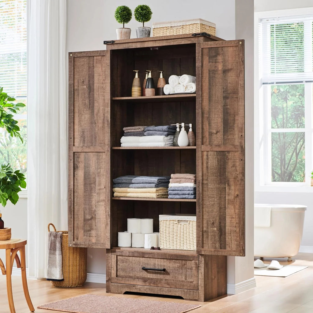 JXQTLINGMU Farmhouse Kitchen Pantry - 72" Tall Wood Kitchen Storage Cabinet with Adjustable Shelves and 2 Barn-Style Doors and Drawers