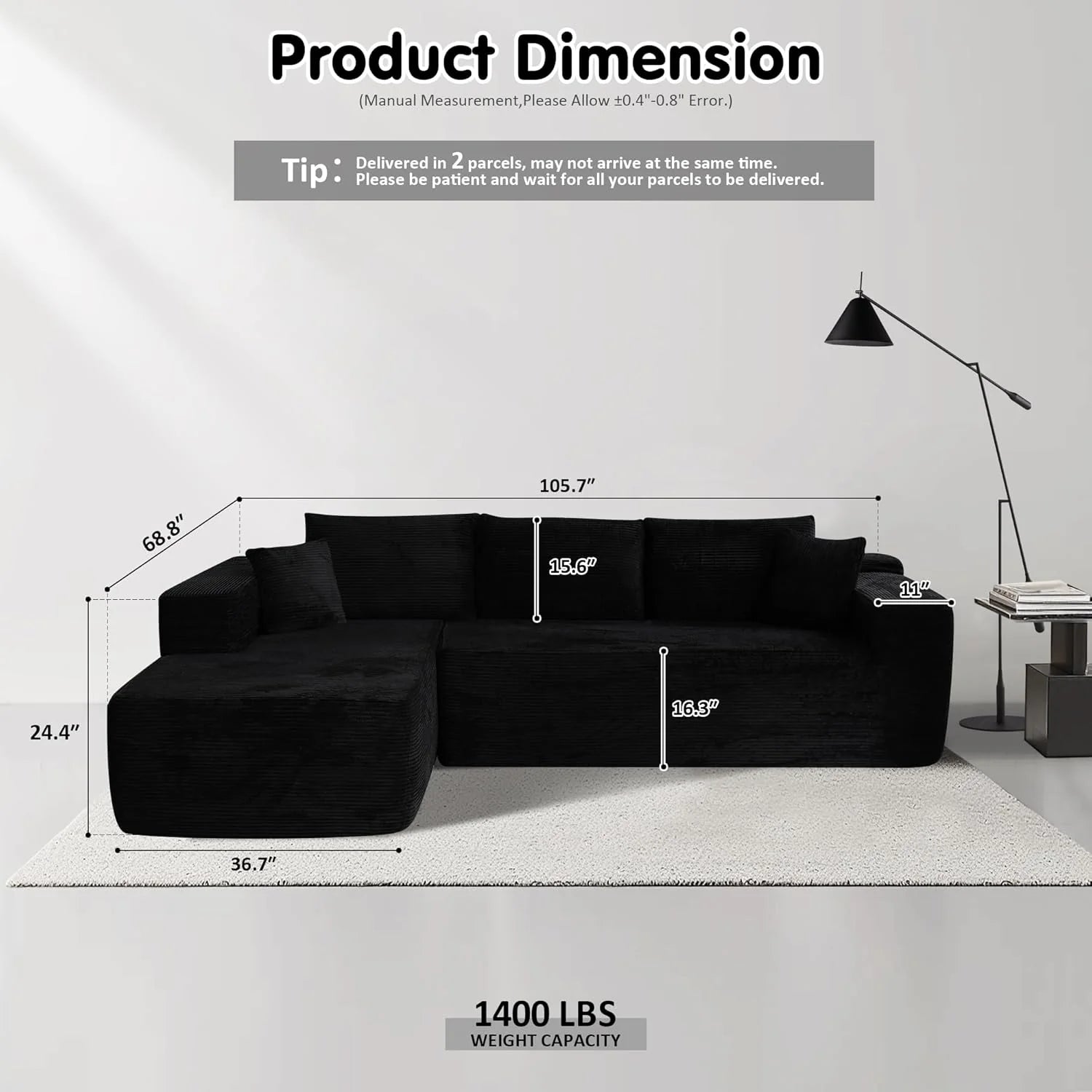 Ovios 104" Cloud Section Sofa L-shaped lounge chair, modern modular sofa