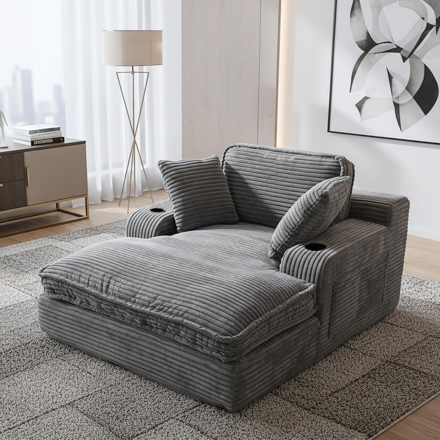 67" Oversized Chaise Lounge Chair Indoor Soft Boneless Cloud Couch with 3 Pillows 4 Side Pockets