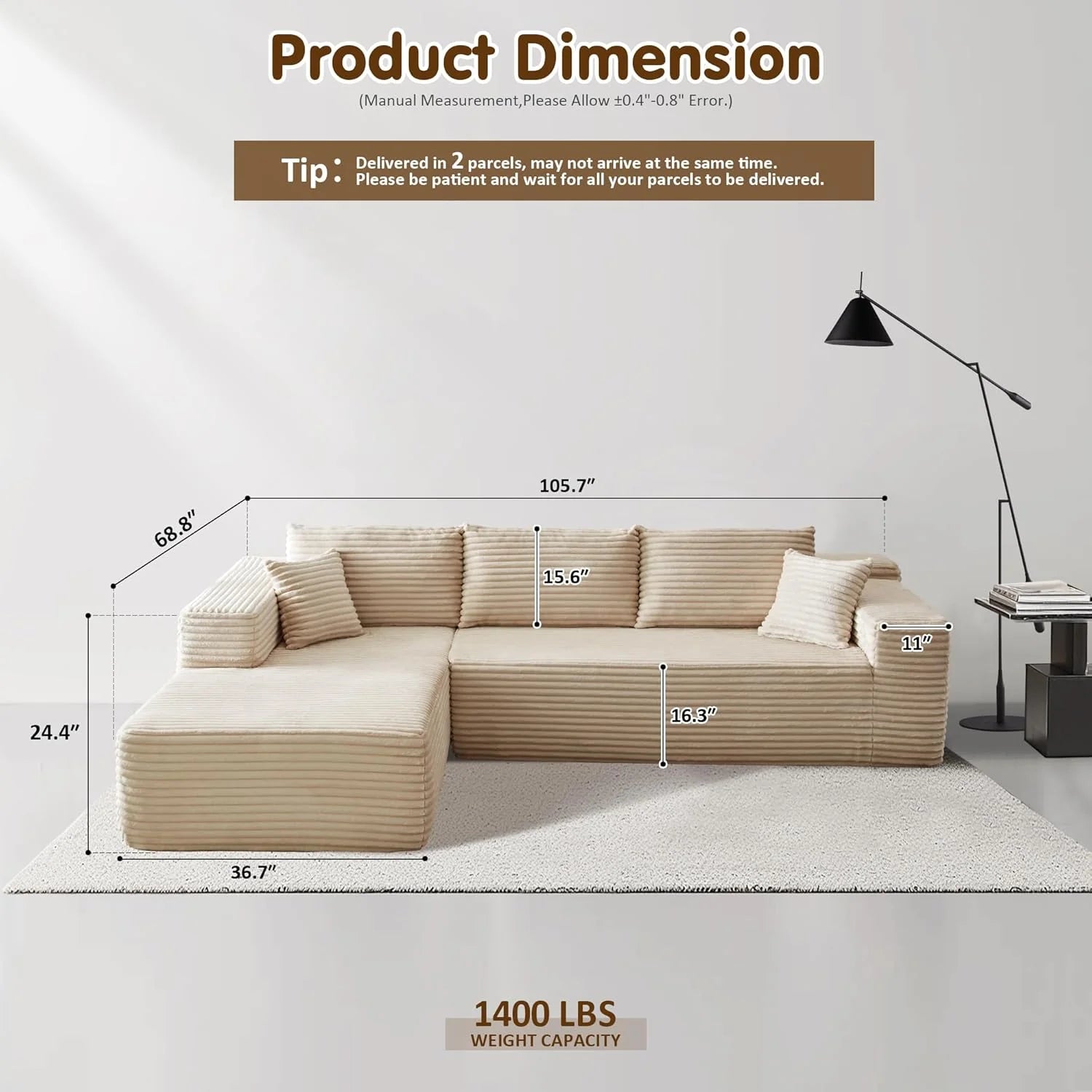 Ovios 104" Cloud Section Sofa L-shaped lounge chair, modern modular sofa
