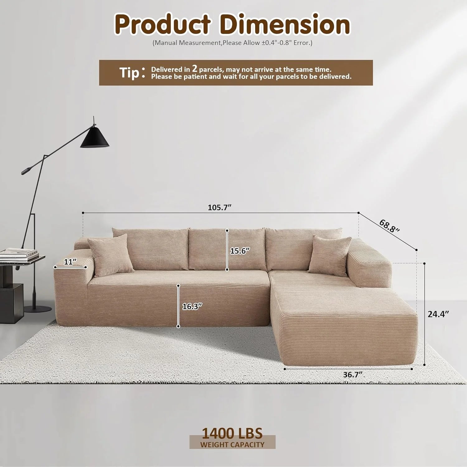 Ovios 104" Cloud Section Sofa L-shaped lounge chair, modern modular sofa