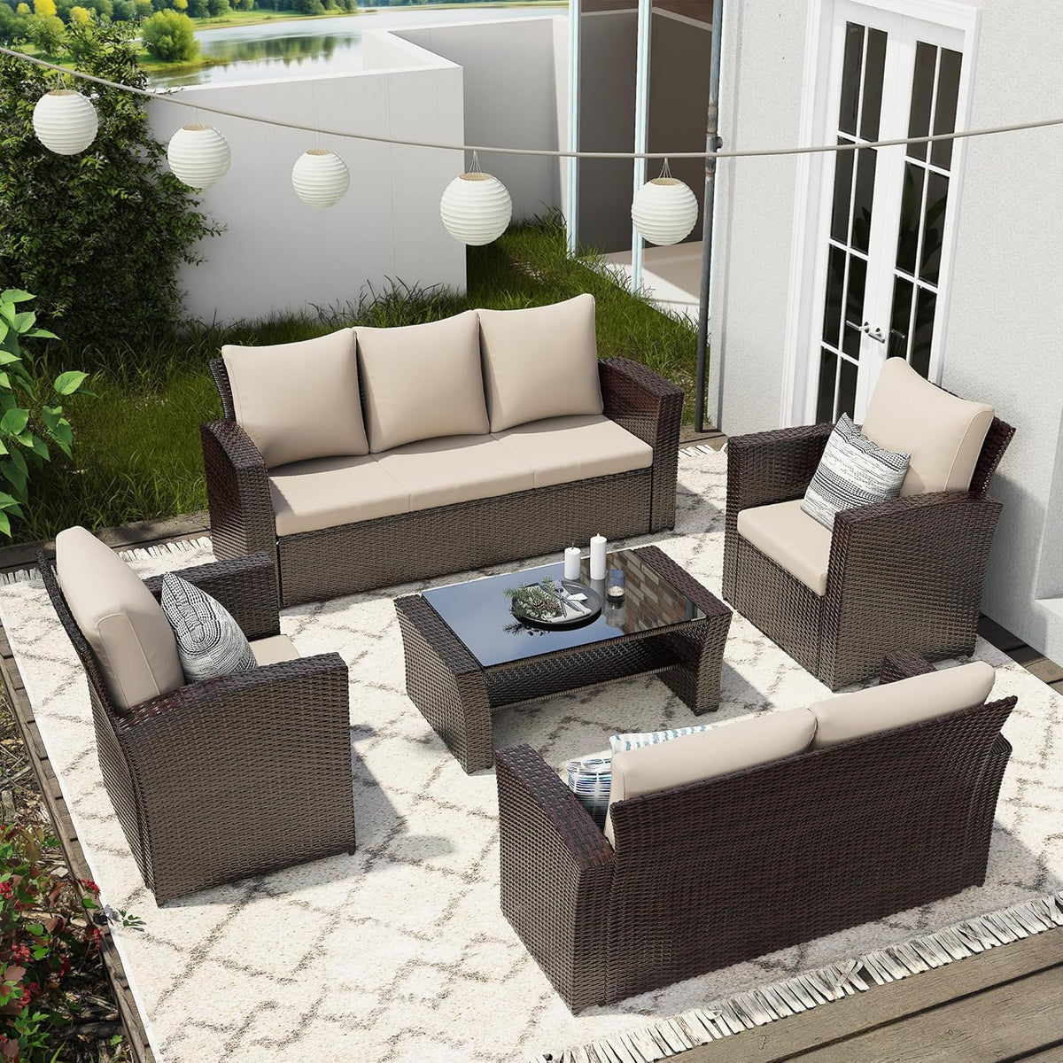 Wisteria Lane 4 Piece Patio Furniture Set, Wicker Outdoor Patio Conversation Furniture Set, All Weather Outdoor Patio Sofa with Cushion and Glass Table, Navy Blue