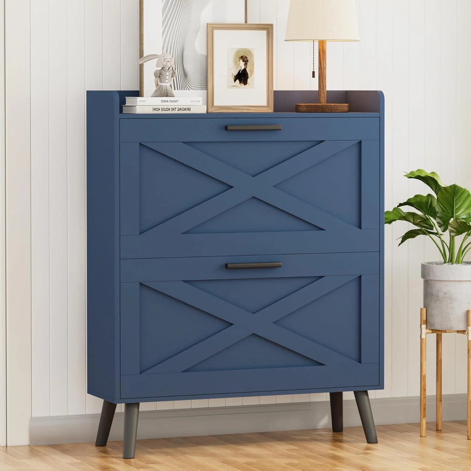 32" wide farmhouse shoe cabinet with 2 flip-top drawers and barn door design, adjustable shelves