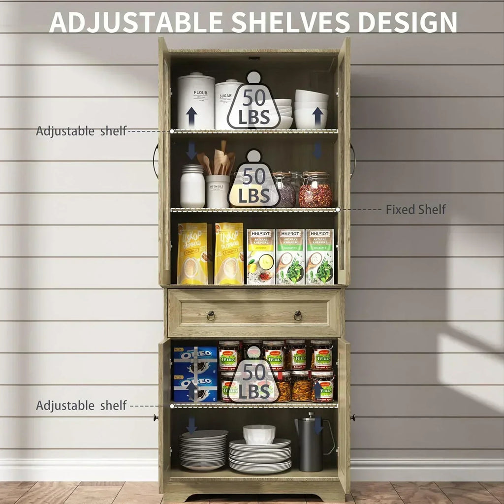 Kitchen Hutch Pantry Cabinet 71" Tall with Glass Doors