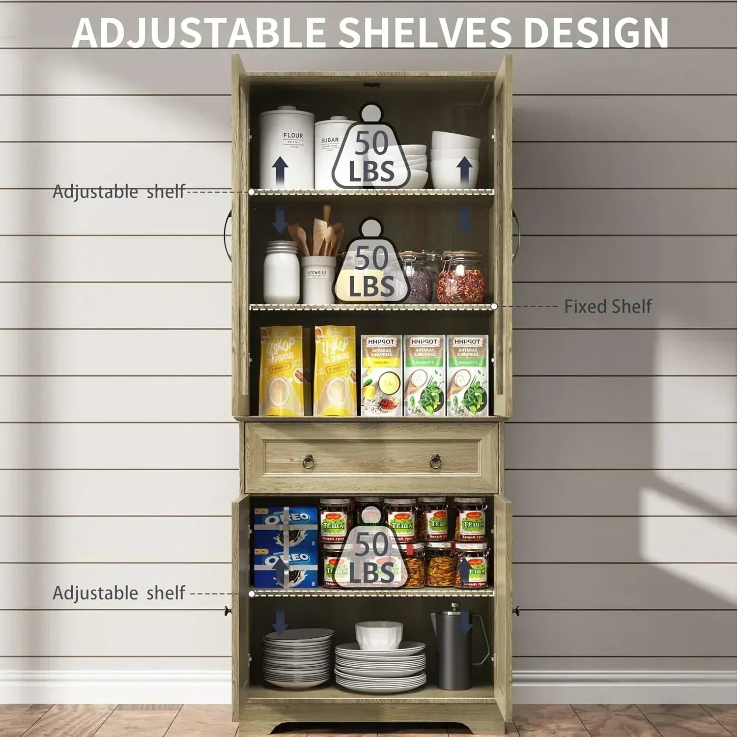 Kitchen Hutch Pantry Cabinet 71" Tall with Glass Doors