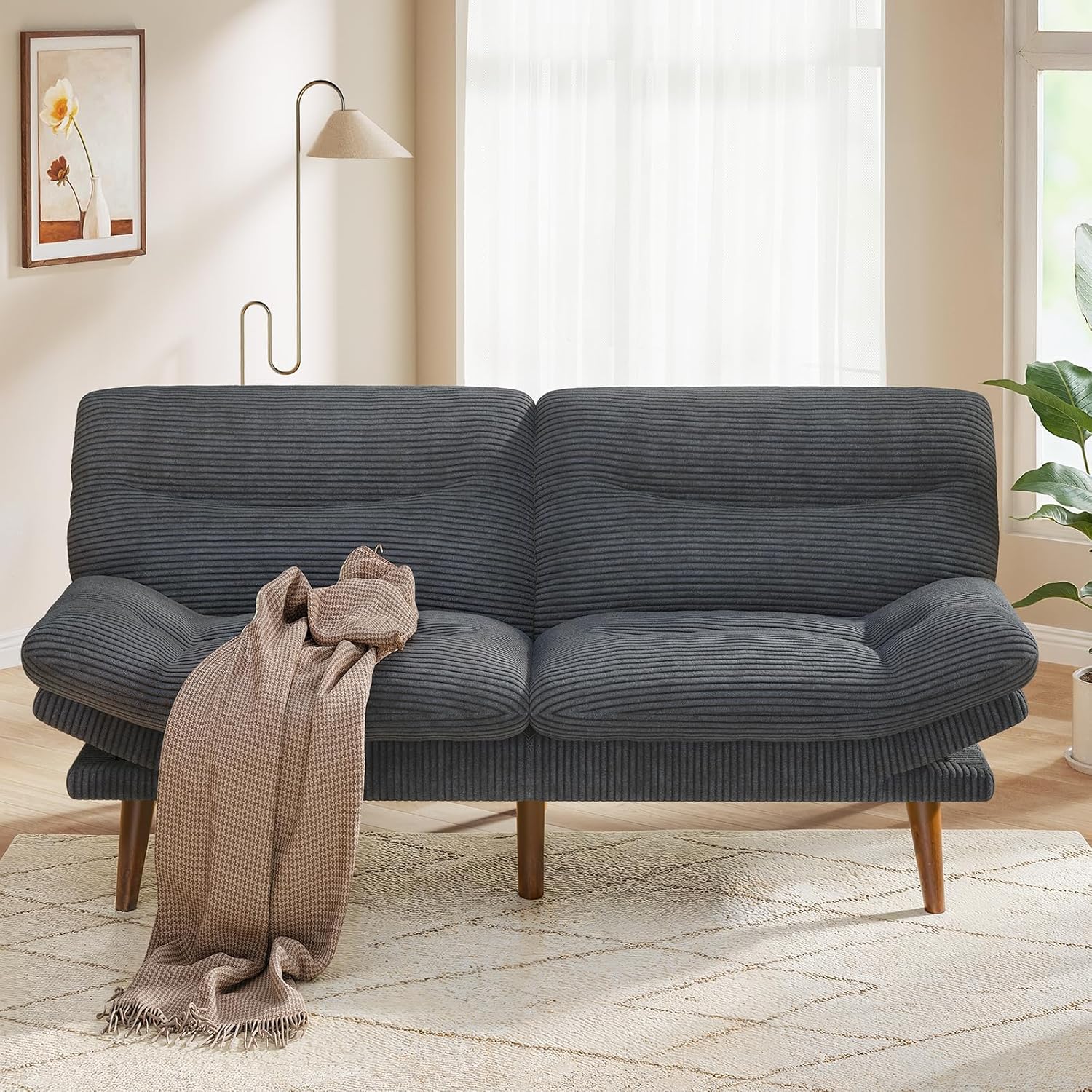 Pipishell Convertible Futon Sofa Bed,66" Corduroy Futon Couch with Adjustable Backrest and Armrests, Recliner Sleeper Sofa for Small Spaces, Play Room or Office, Grey