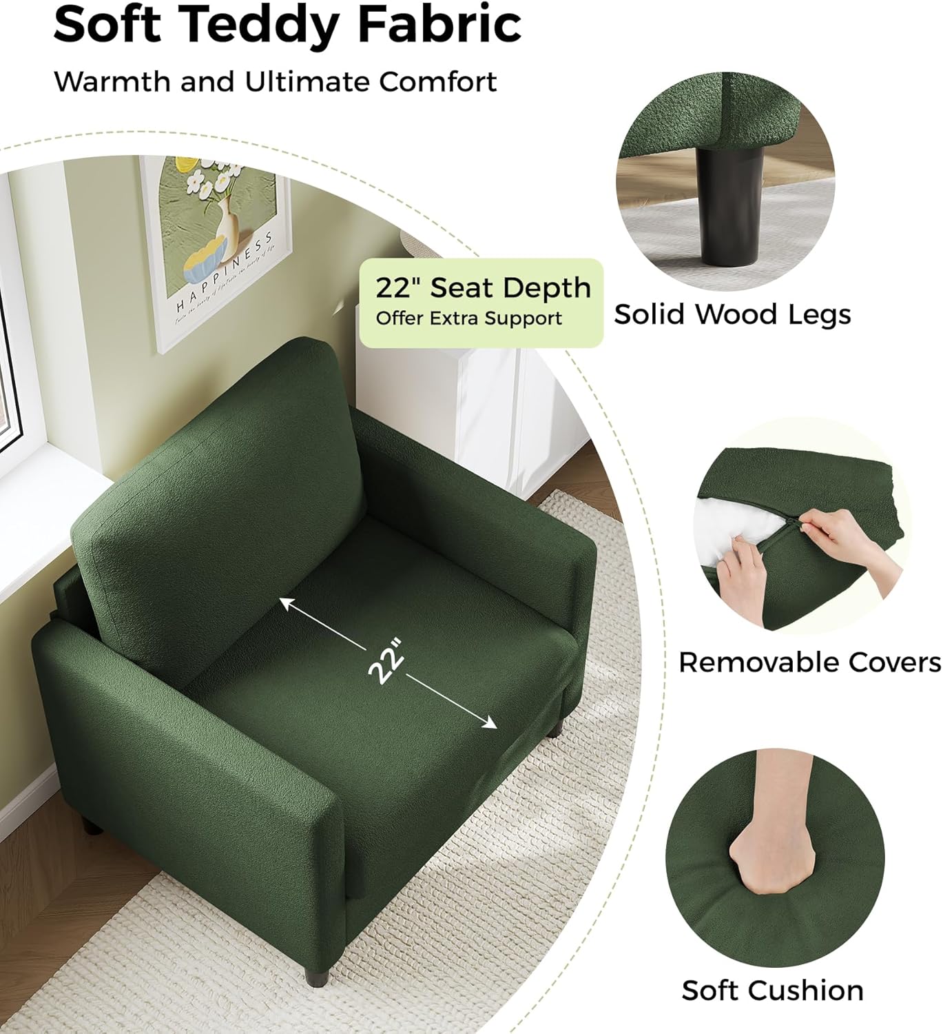 Loveseat Sofa 51" Love Seat Comfy Corduroy Small Loveseat Small Spaces Tool-Free Setup Couch