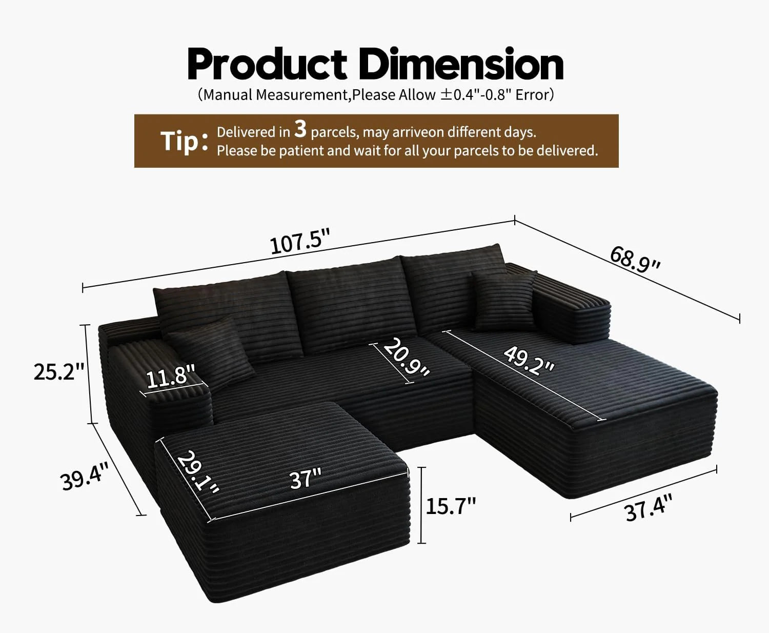 107.5" Cloud Modular Sectional Sofa Couch with L-Shape Chaise,Modern Minimalist Upholstered Couches