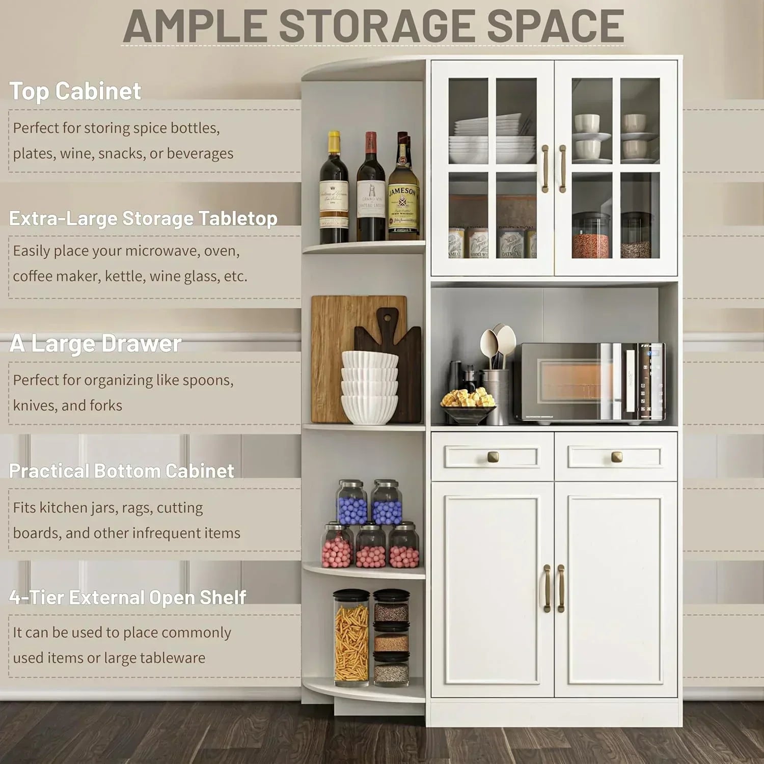 Kitchen Hutch Pantry Cabinet 71" Tall with Glass Doors