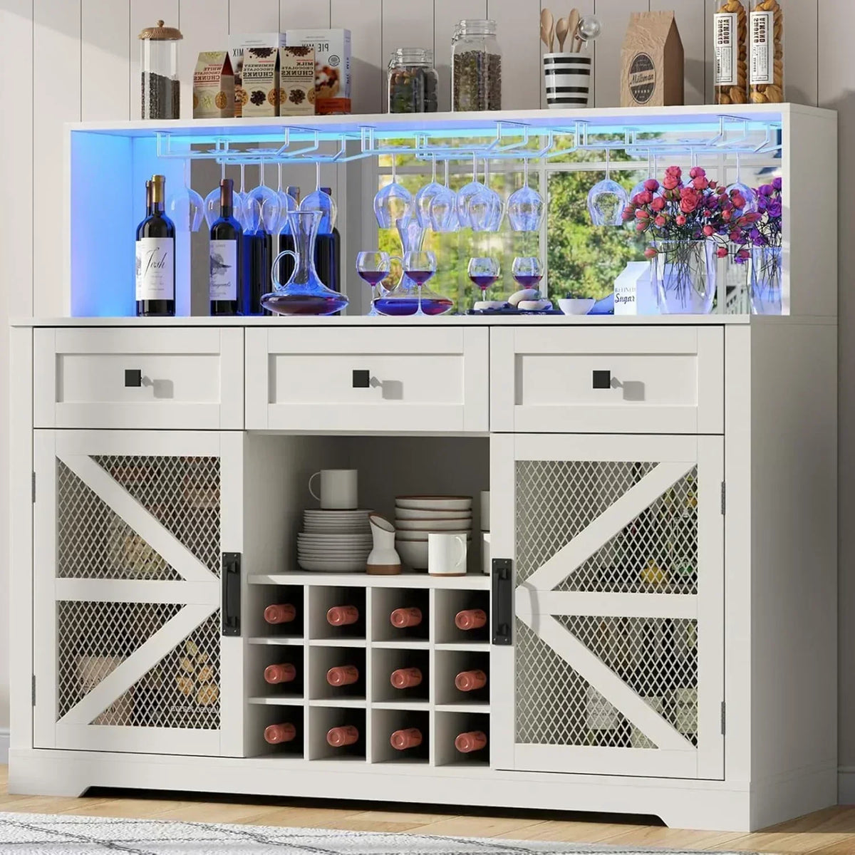 Wine Bar Cabinet with LED Light Liquor Cabinet with Glass Holder Coffee Bar for Liquor