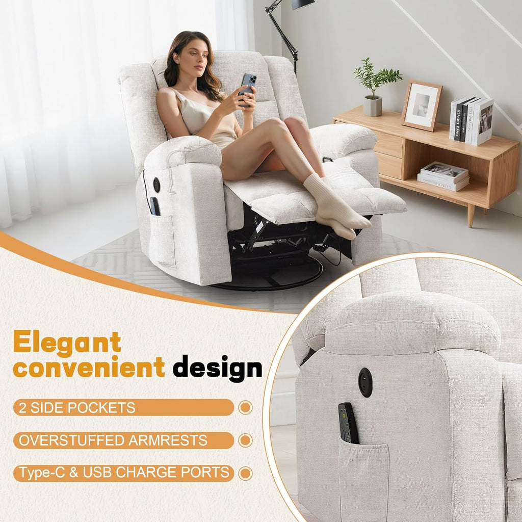 Rocker Recliner, Glider Recliner Chairs for Adults, 360° Swivel Rocking Chair with Massage and Heating, Nursery Chair