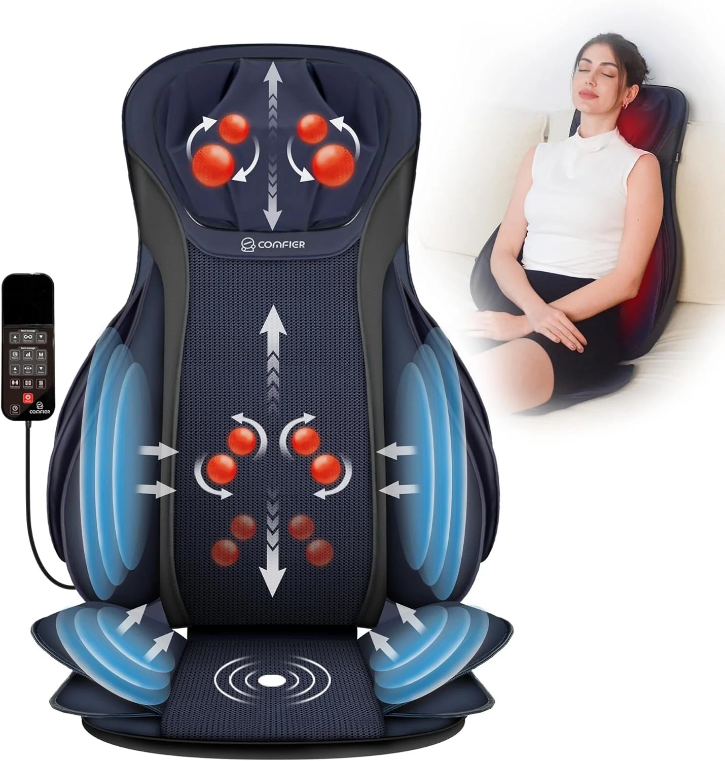 COMFIER Massager Chair with Heat Shiatsu Neck Back Massager Portable with Compress & Rolling Massage Chair Pad for Full Back Neck & Shoulders Full Body Pain