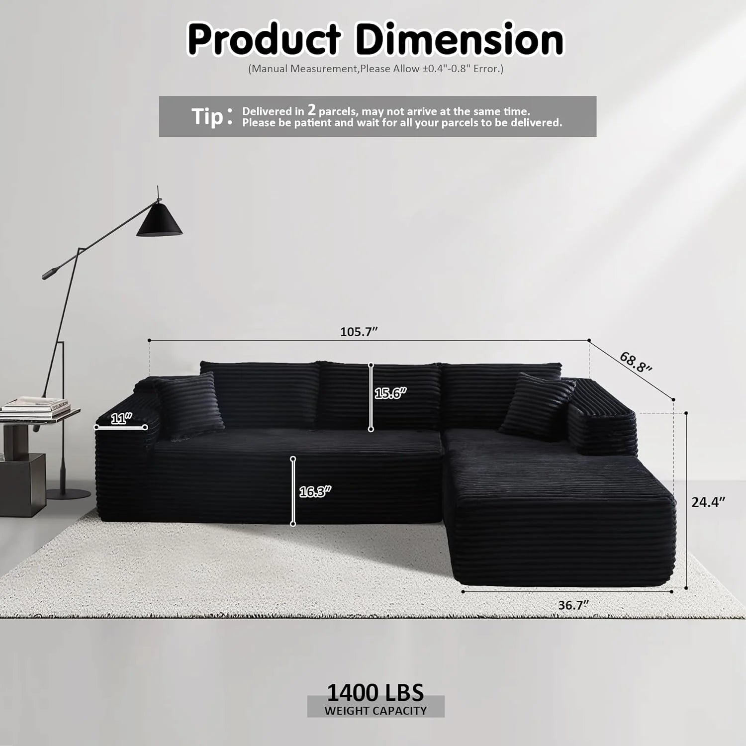 Ovios 104" Cloud Section Sofa L-shaped lounge chair, modern modular sofa